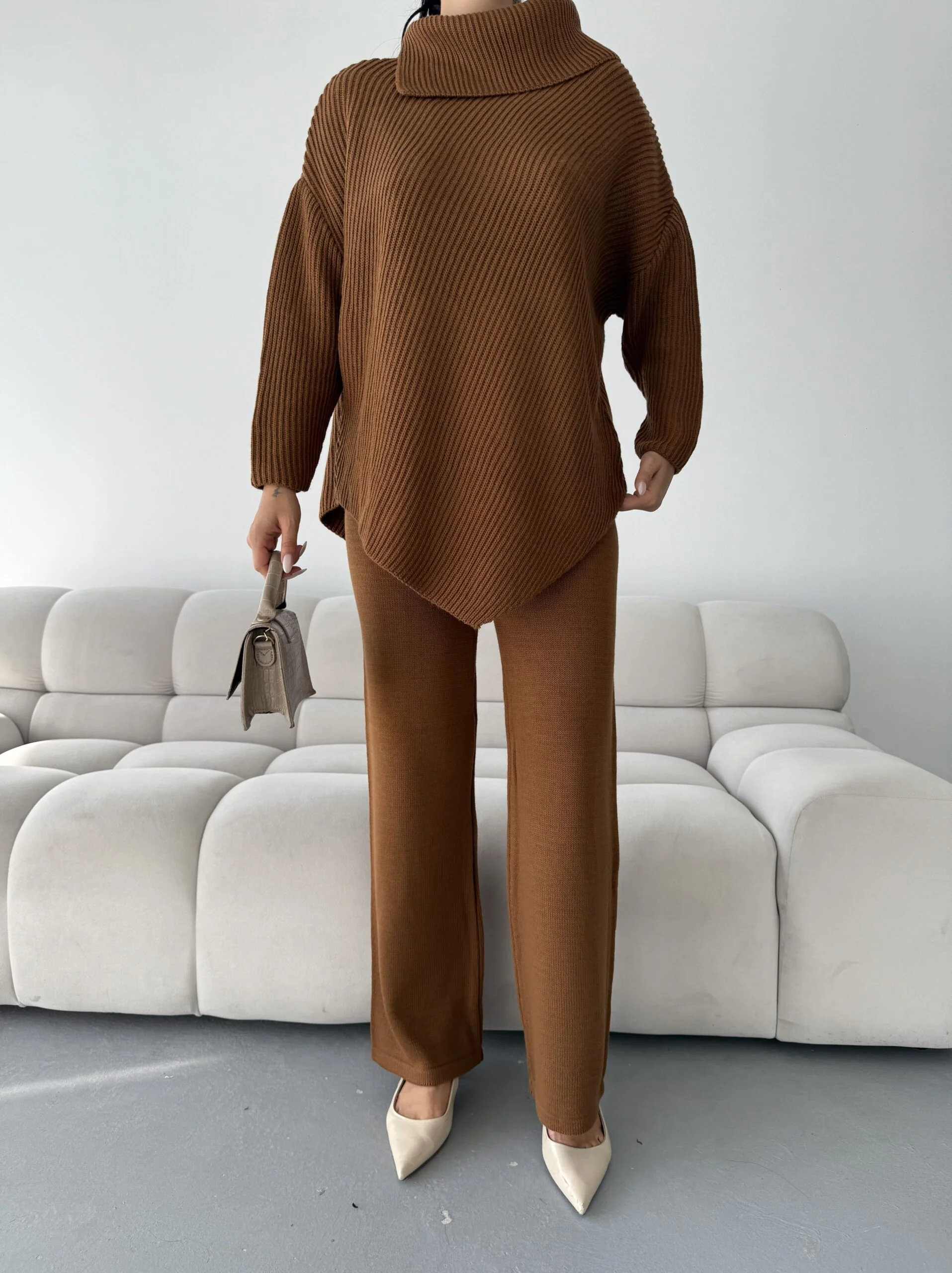 Women's Cowl Neck Ribbed Knit Sweater and Trousers Set - Brown - My Bee - by Peralane - photo 5
