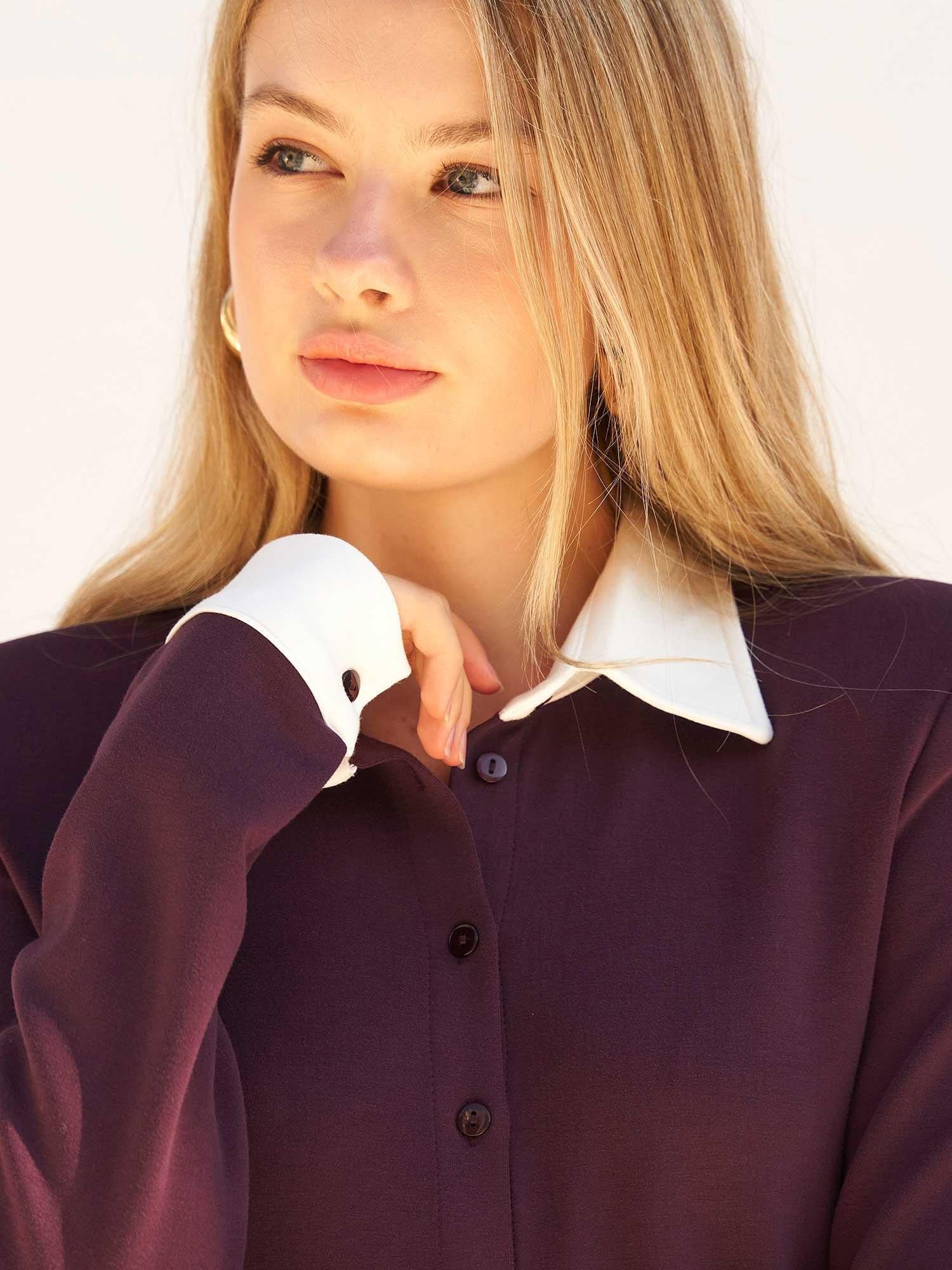 Long-Sleeved Collared Knit Blouse in Deep Plum - Lefon - by Peralane - photo 9