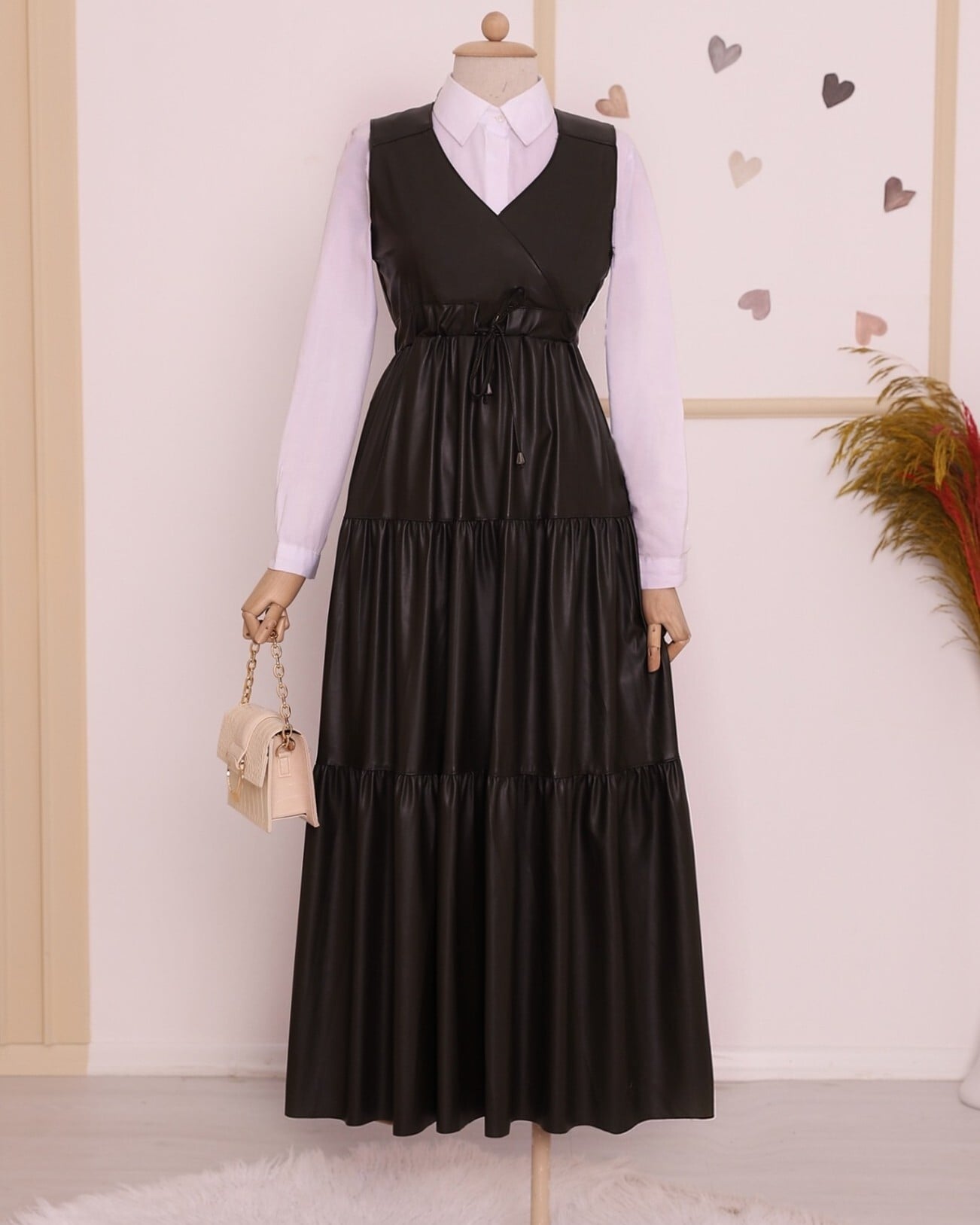 Black Faux Leather Tiered Maxi Dress with V-Neck and Drawstring Waist - Podyumplus - by Peralane - photo 4