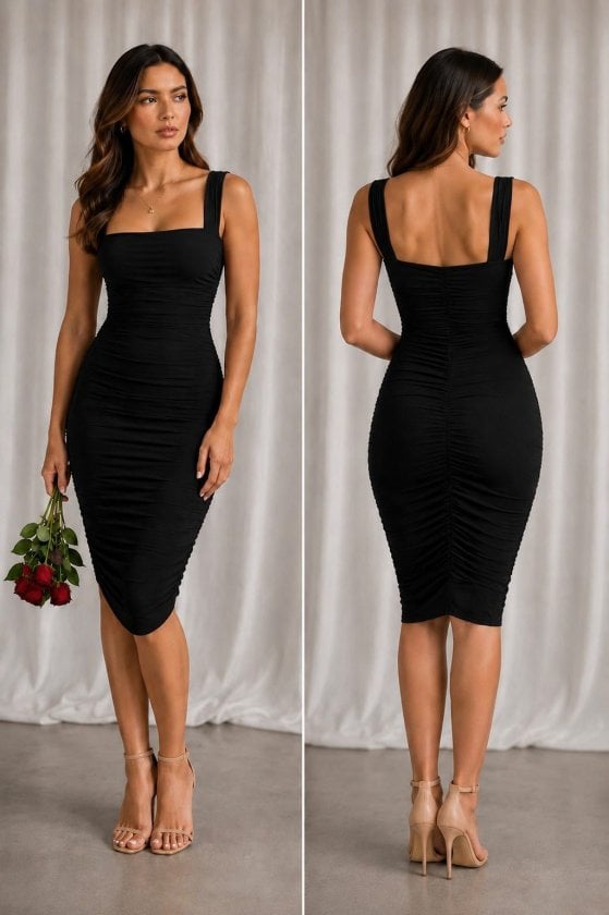 Women's Black Sleeveless Ruched Midi Dress - Janes - by Peralane