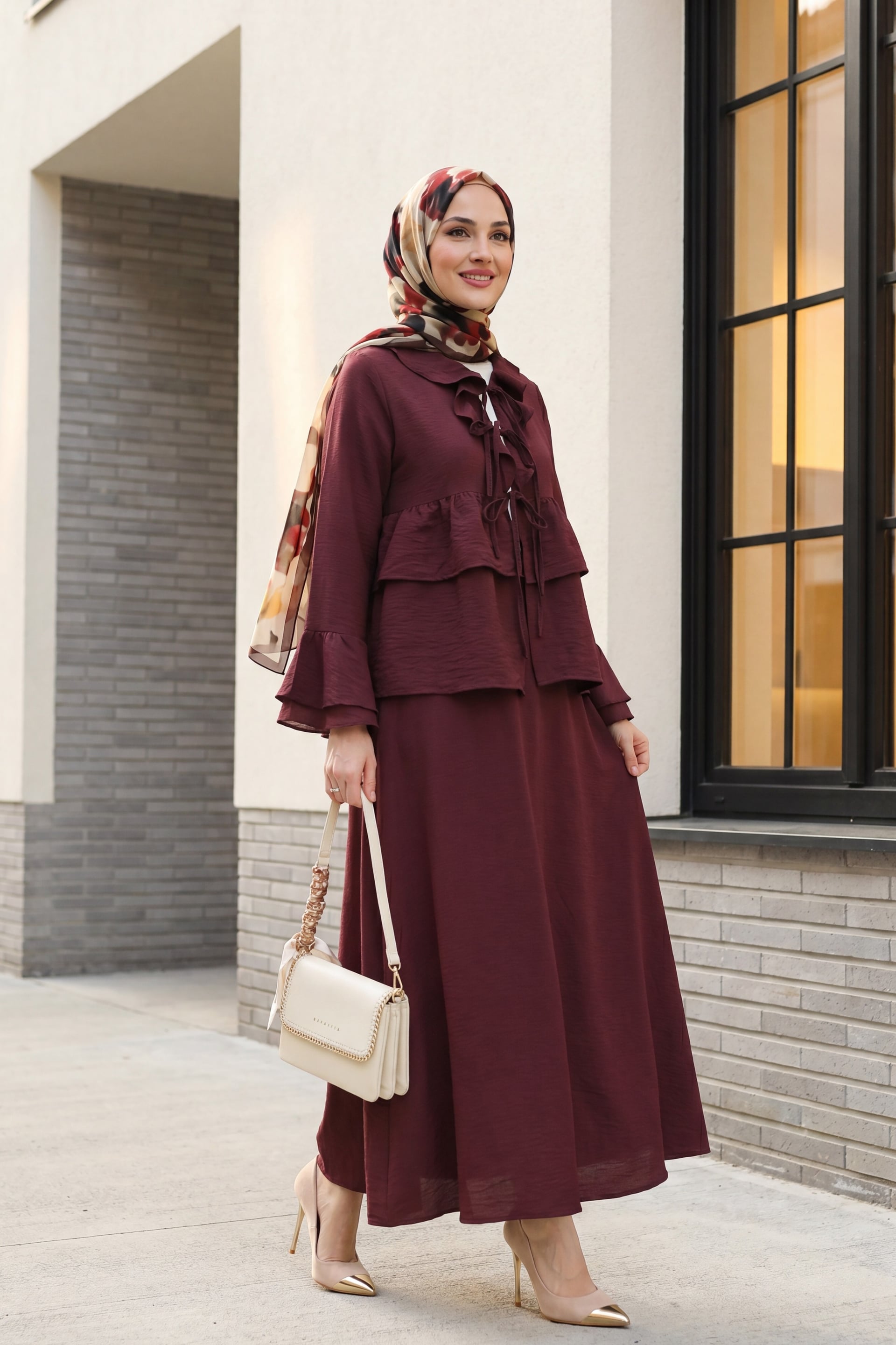 Burgundy Tie-Front Ruffled Spanish Sleeve Skirted Cupro Kimono Set - Podyumplus - by Peralane