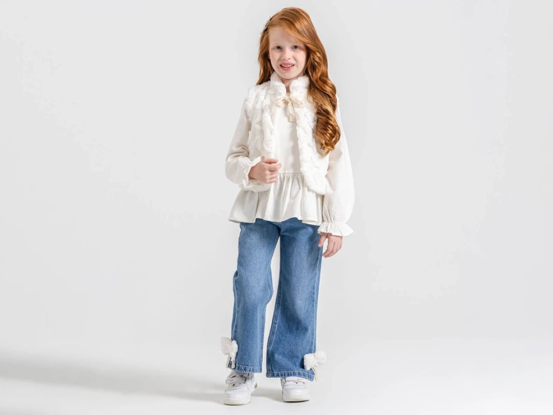 Girl's Three-Piece Set with Faux Fur Vest, White Blouse, and Denim Trousers - Ecolkiz - by Peralane