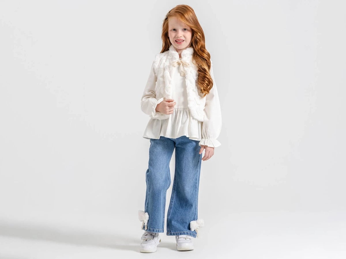 Girl's Three-Piece Set with Faux Fur Vest, White Blouse, and Denim Trousers - Ecolkiz - by Peralane