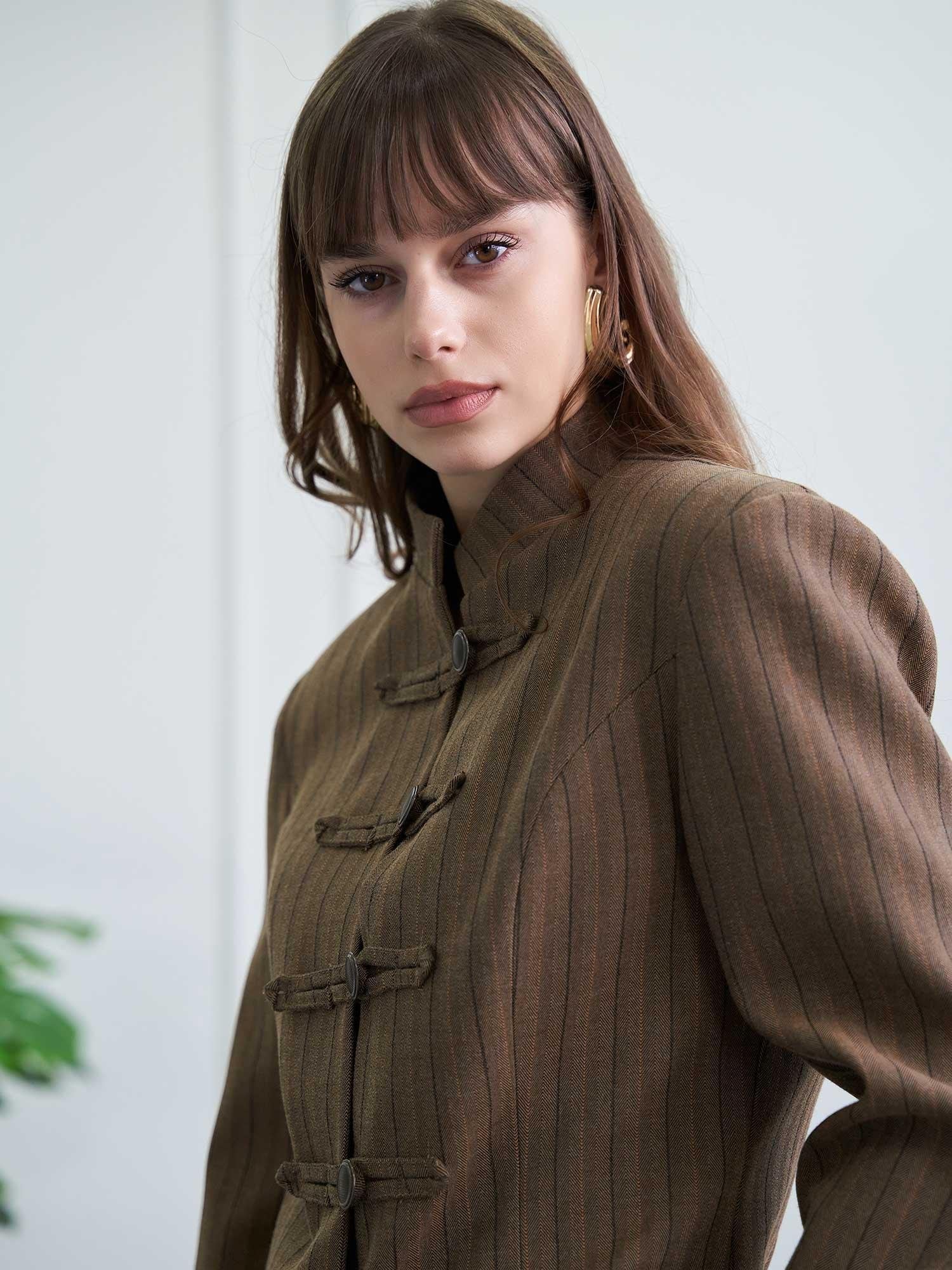 Brown Mandarin Collar Jacket and Wide-Leg Trousers Co-ord Set - Lefon - by Peralane - photo 6