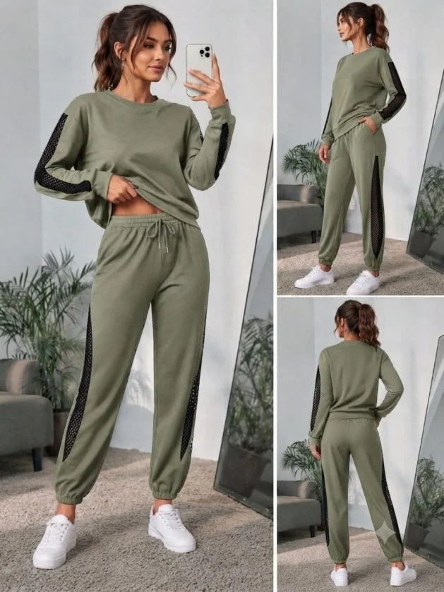 Women's Long Sleeve Crew Neck Top and Trousers Two-Piece Set with Mesh Tulle Detail - Janes - by Peralane