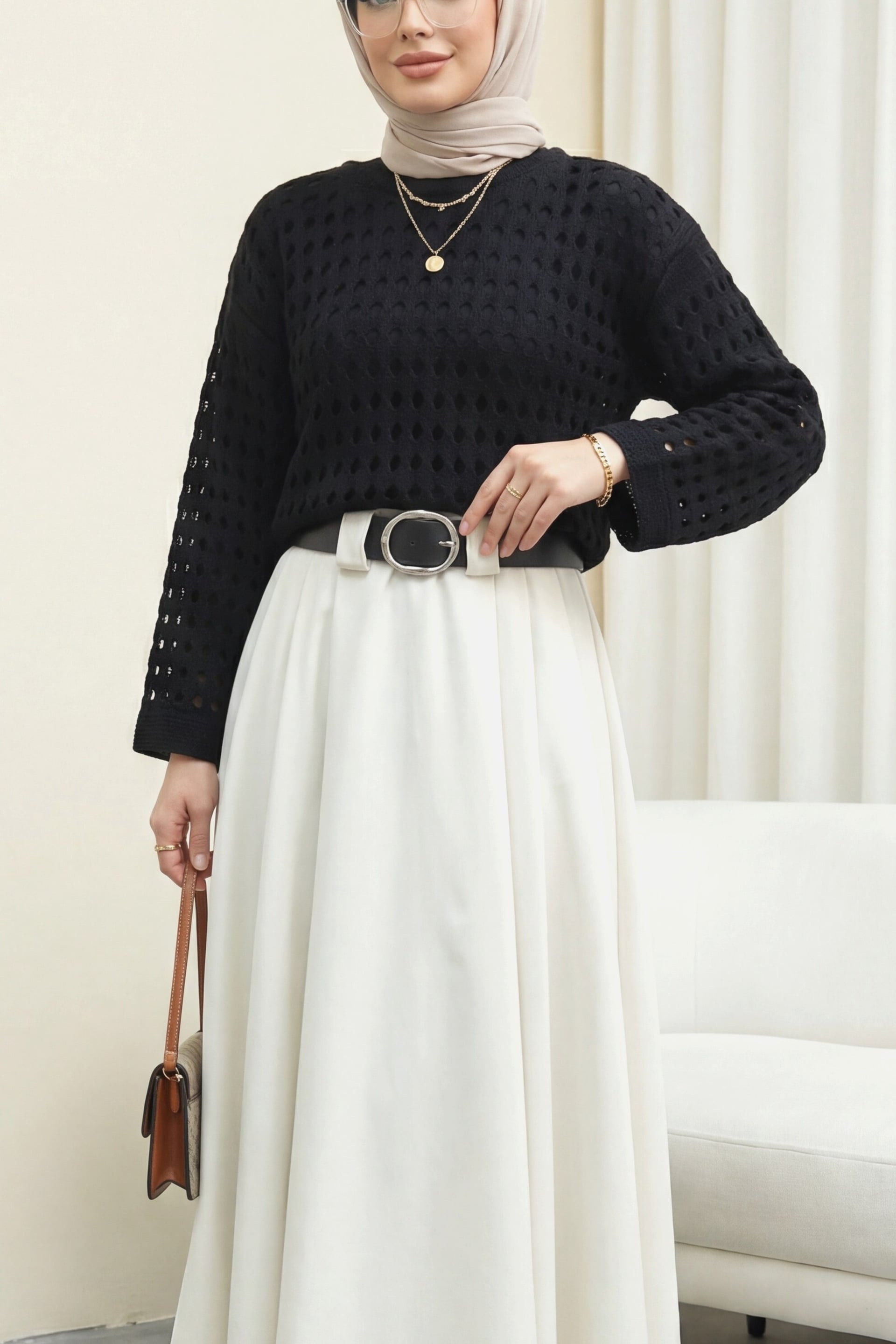 Black Boat Neck Openwork Knit Sweater - Podyumplus - by Peralane