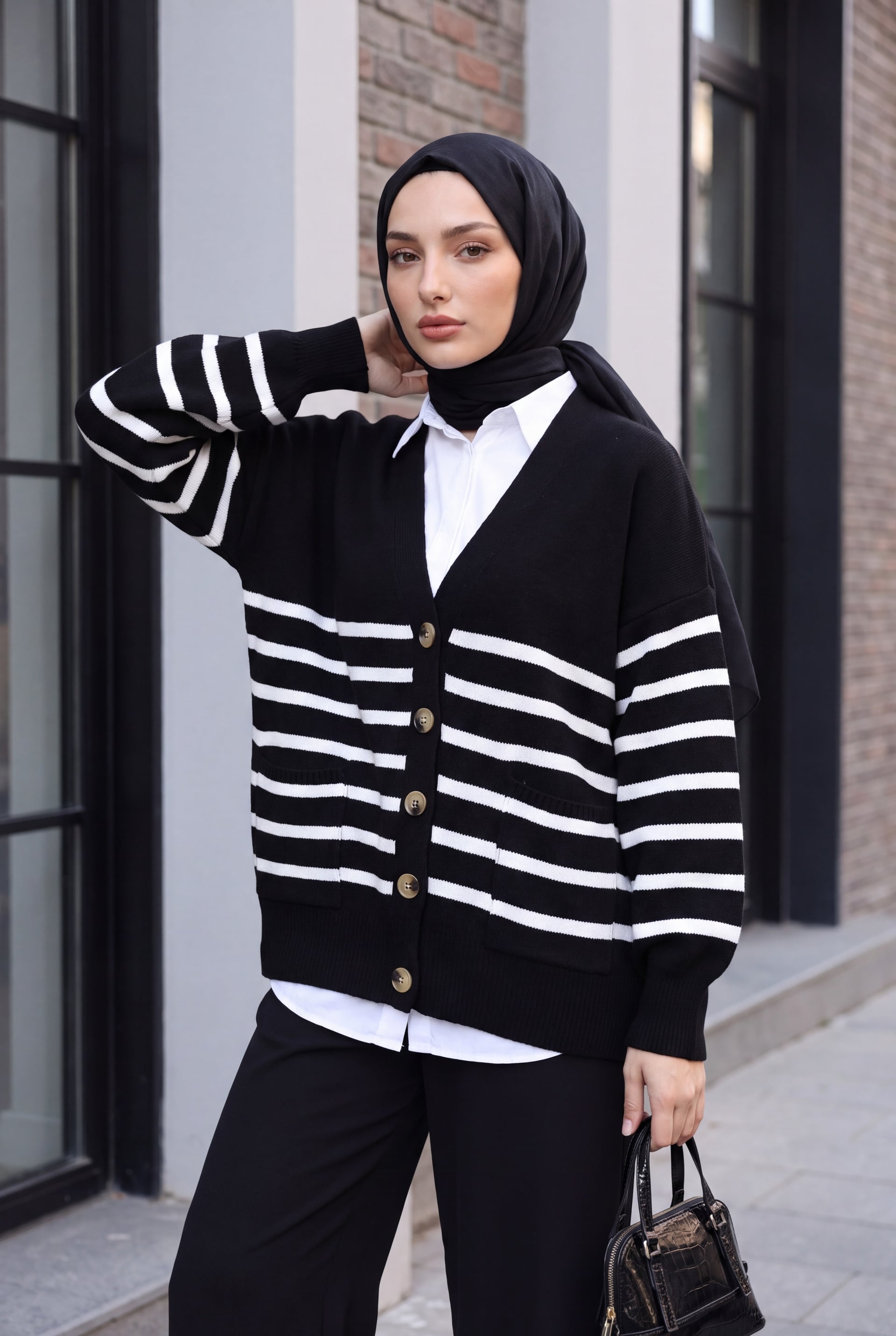 Black Striped Button-Front Cardigan with Pockets - Podyumplus - by Peralane