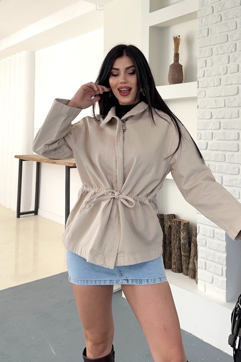 Women's Oversize Denim Jacket with Drawstring Waist - Stone - Xlove - by Peralane - photo 5