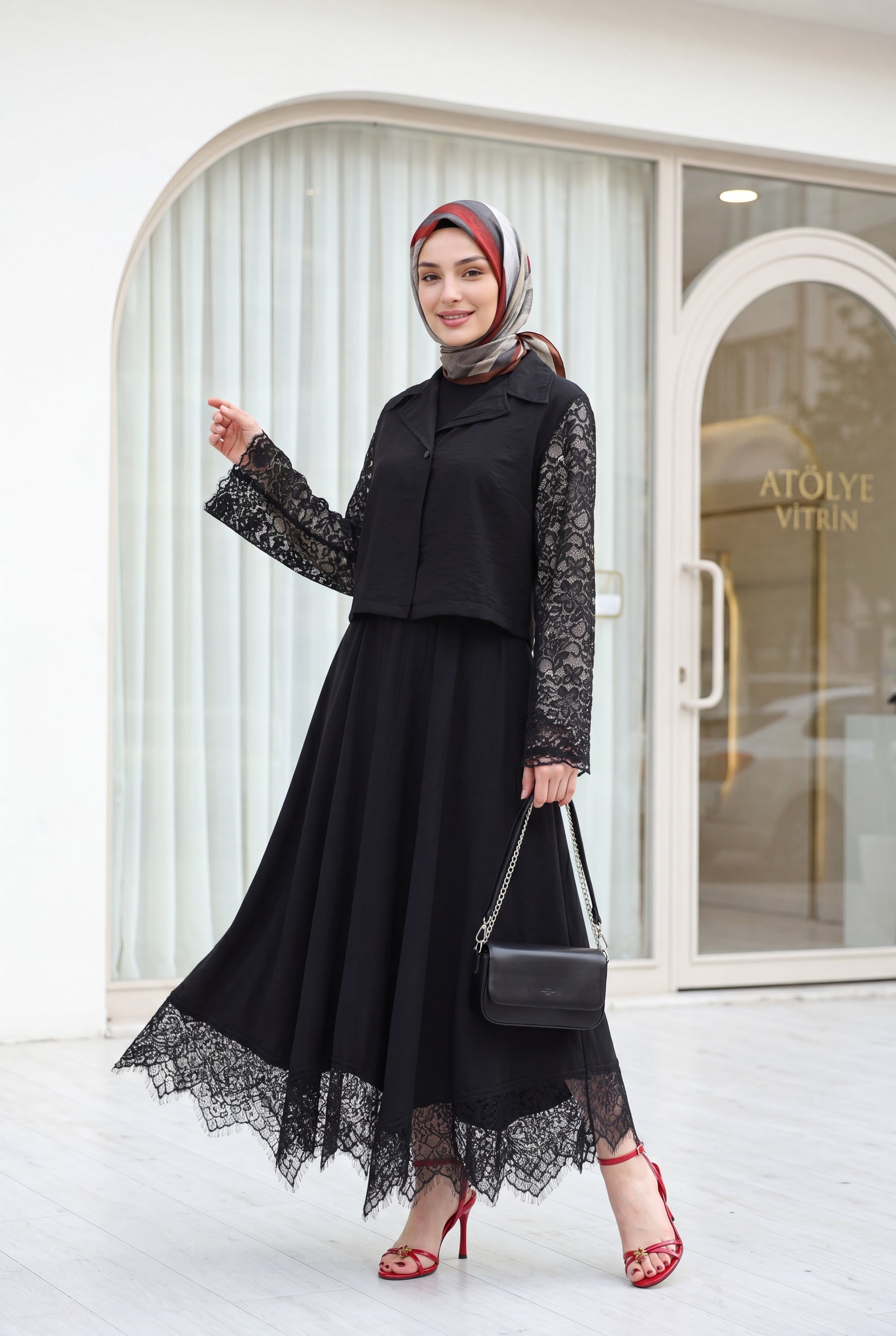 Women's Black Lace Detail Two-Piece Set with Long Sleeves and Skirt - Podyumplus - by Peralane - photo 6