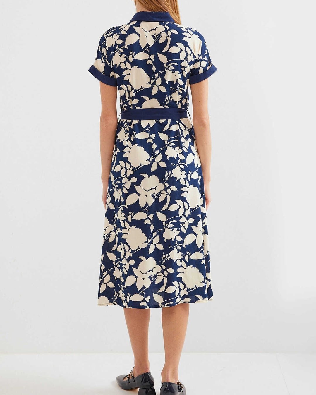 Patterned Navy Blue Button-Front Dress with Tie Waist - Bigdart - by Peralane - photo 4
