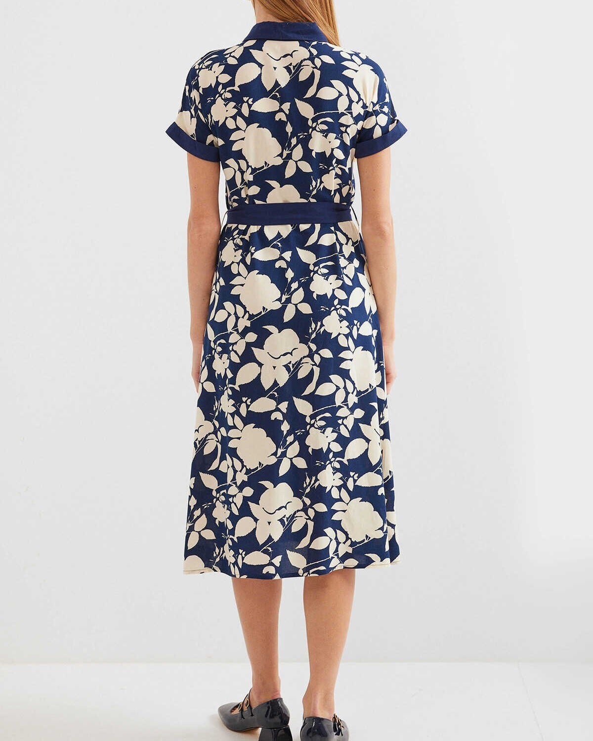 Patterned Navy Blue Button-Front Dress with Tie Waist - Bigdart - by Peralane - photo 4