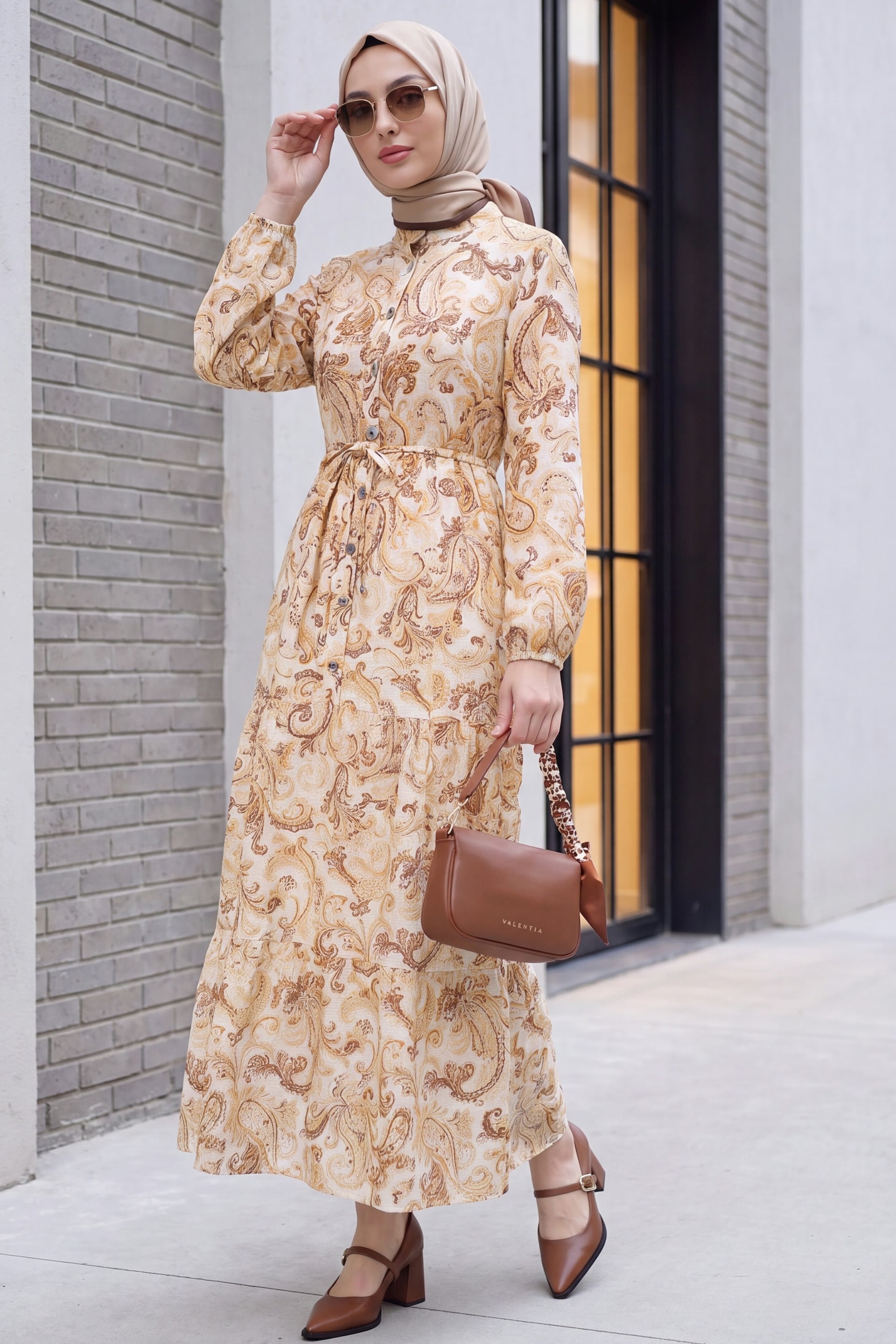 Notched Collar Half-Button Mixed Print Elastic Cuff Policoton Dress - Cinnamon - Podyumplus - by Peralane