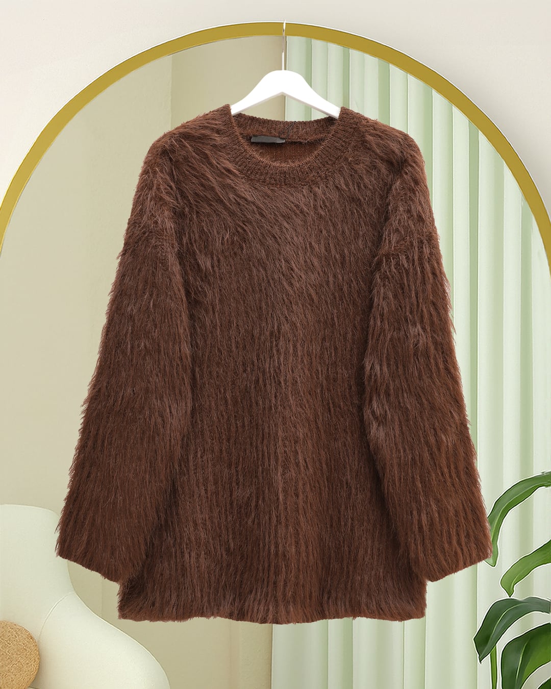Round Neck Fuzzy Knit Tunic Sweater - Brown - Podyumplus - by Peralane - photo 3