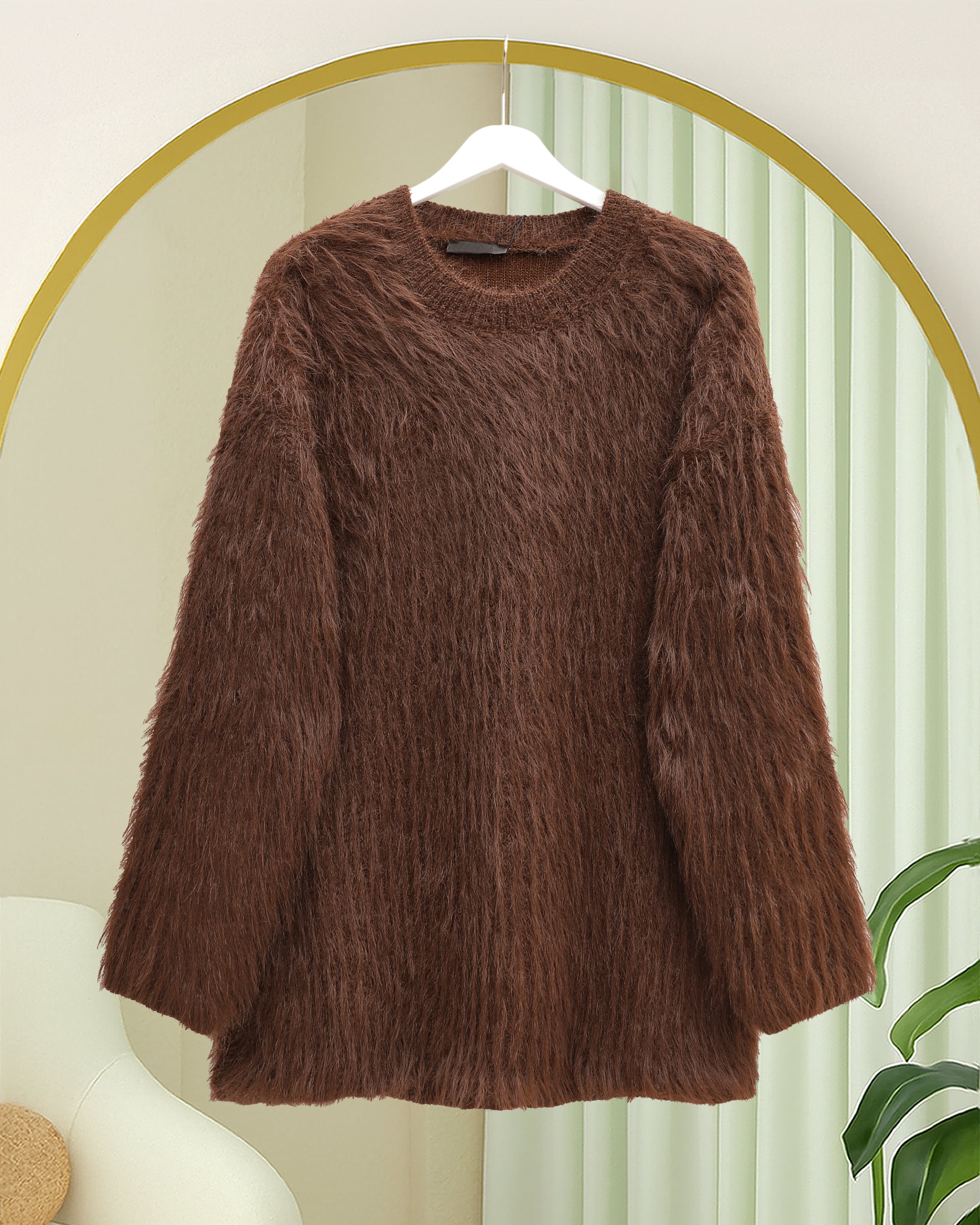 Round Neck Fuzzy Knit Tunic Sweater - Brown - Podyumplus - by Peralane - photo 3
