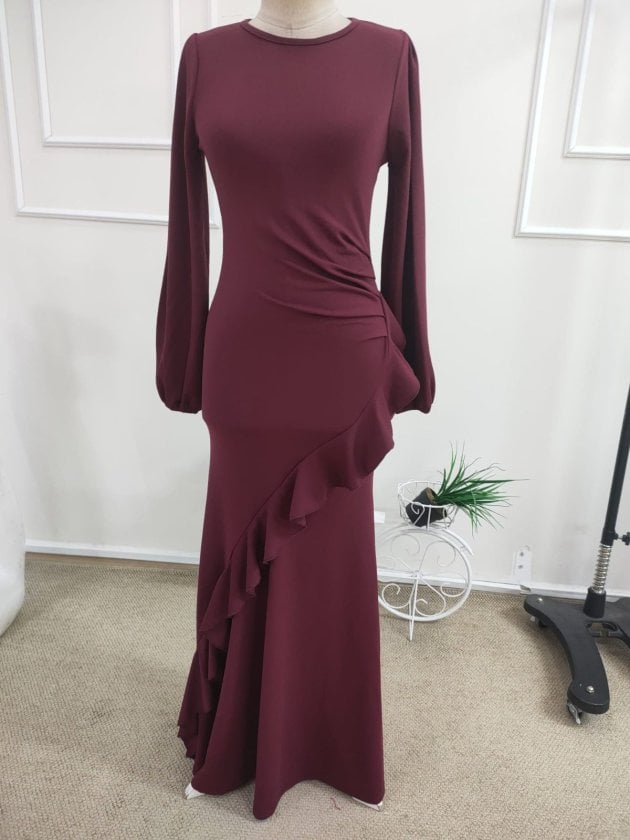 Women's Long Sleeve Round Neck Ruffled Front Long Crepe Dress - Janes - by Peralane - photo 4