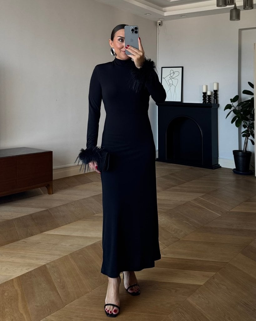 Women's Long-Sleeved High-Neck Feather-Trimmed Long Crepe Dress - Janes - by Peralane