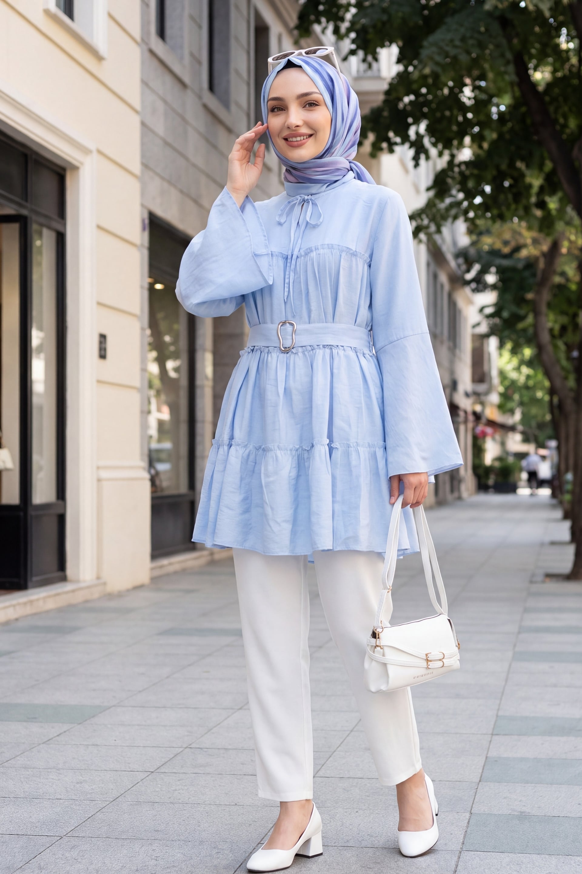 Light Blue Tie-Neck Belted Spanish Sleeve Cupro Tunic - Podyumplus - by Peralane - photo 4