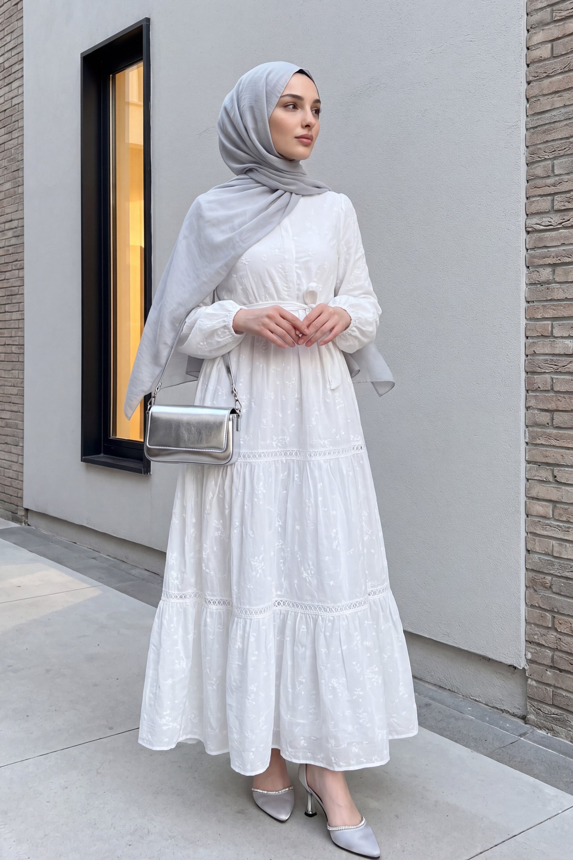White Floral Embroidered Tiered Maxi Dress with Belt - Podyumplus - by Peralane - photo 3