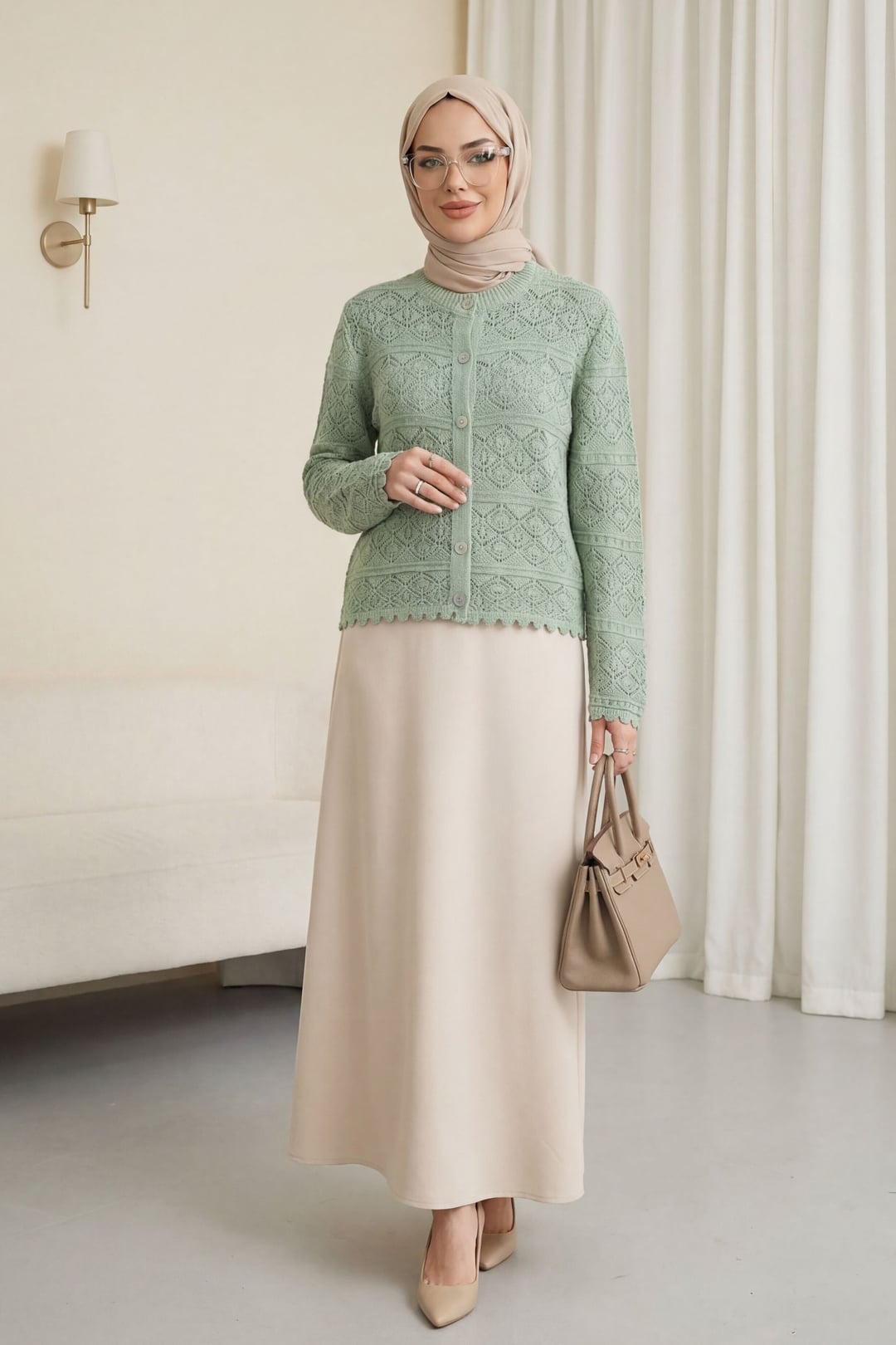 Buttoned Patterned Openwork Knit Cardigan - Mint - Podyumplus - by Peralane - photo 3
