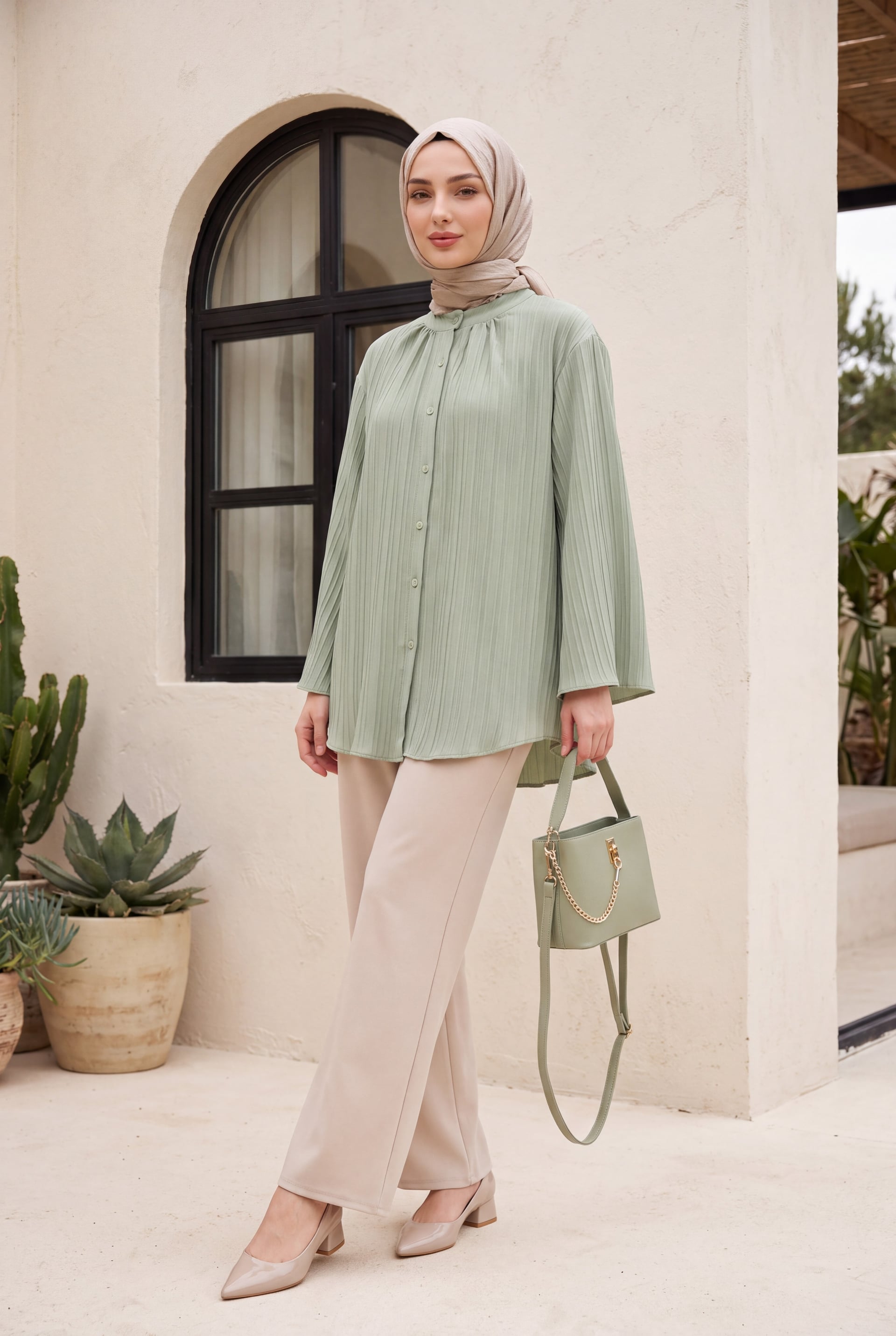 Round Neck Buttoned Spanish Sleeve Siena Tunic - Light Green - Podyumplus - by Peralane - photo 3