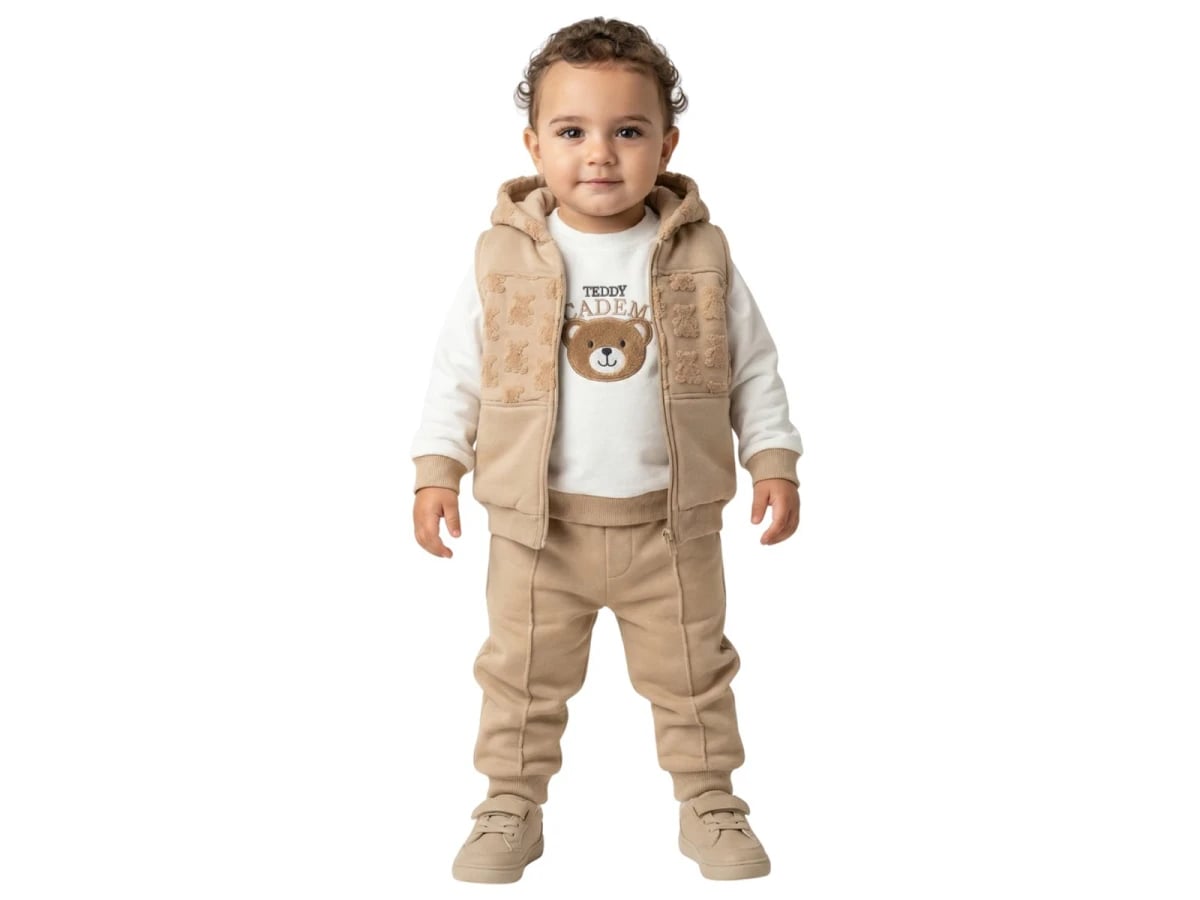 Beige Hooded Gilet, Top and Trousers Baby Set (3-Piece) - Bebly - by Peralane