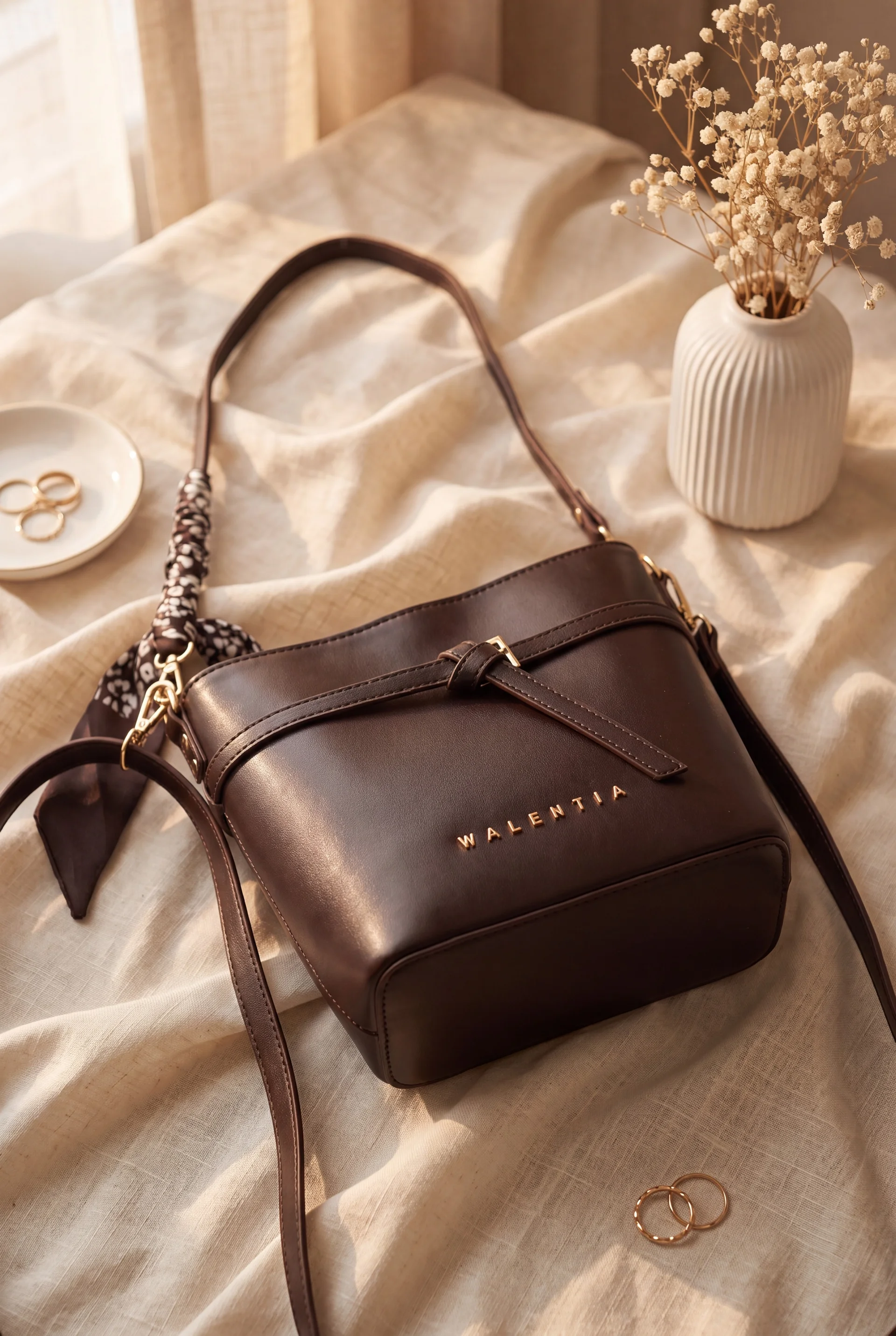 Belt and Scarf Detail Crossbody Bucket Bag - Dark Brown - Podyumplus - by Peralane