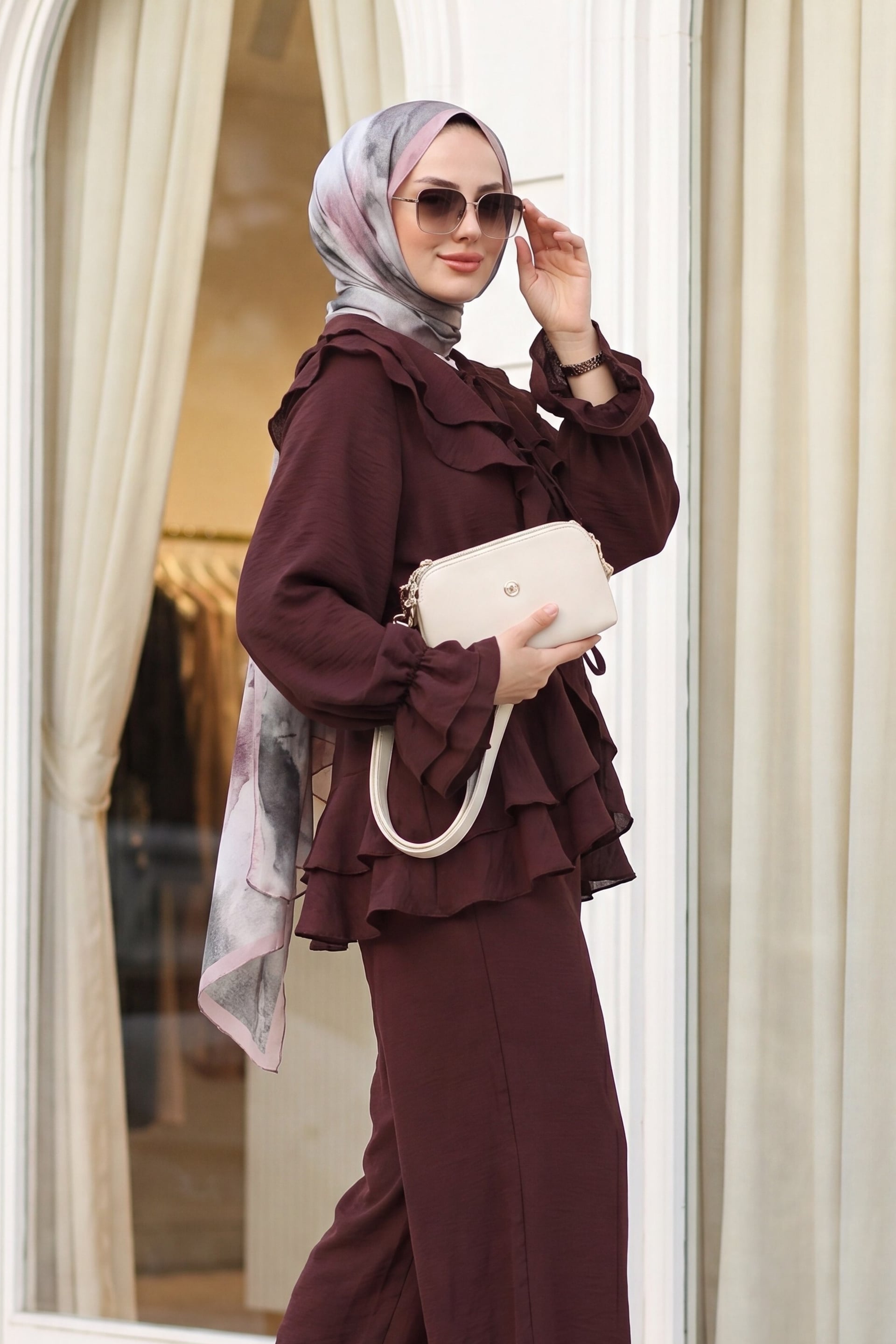 Lace-Up Front Pleated Collar Two-Piece Set with Lined Wide-Leg Trousers in Plum - Podyumplus - by Peralane - photo 3