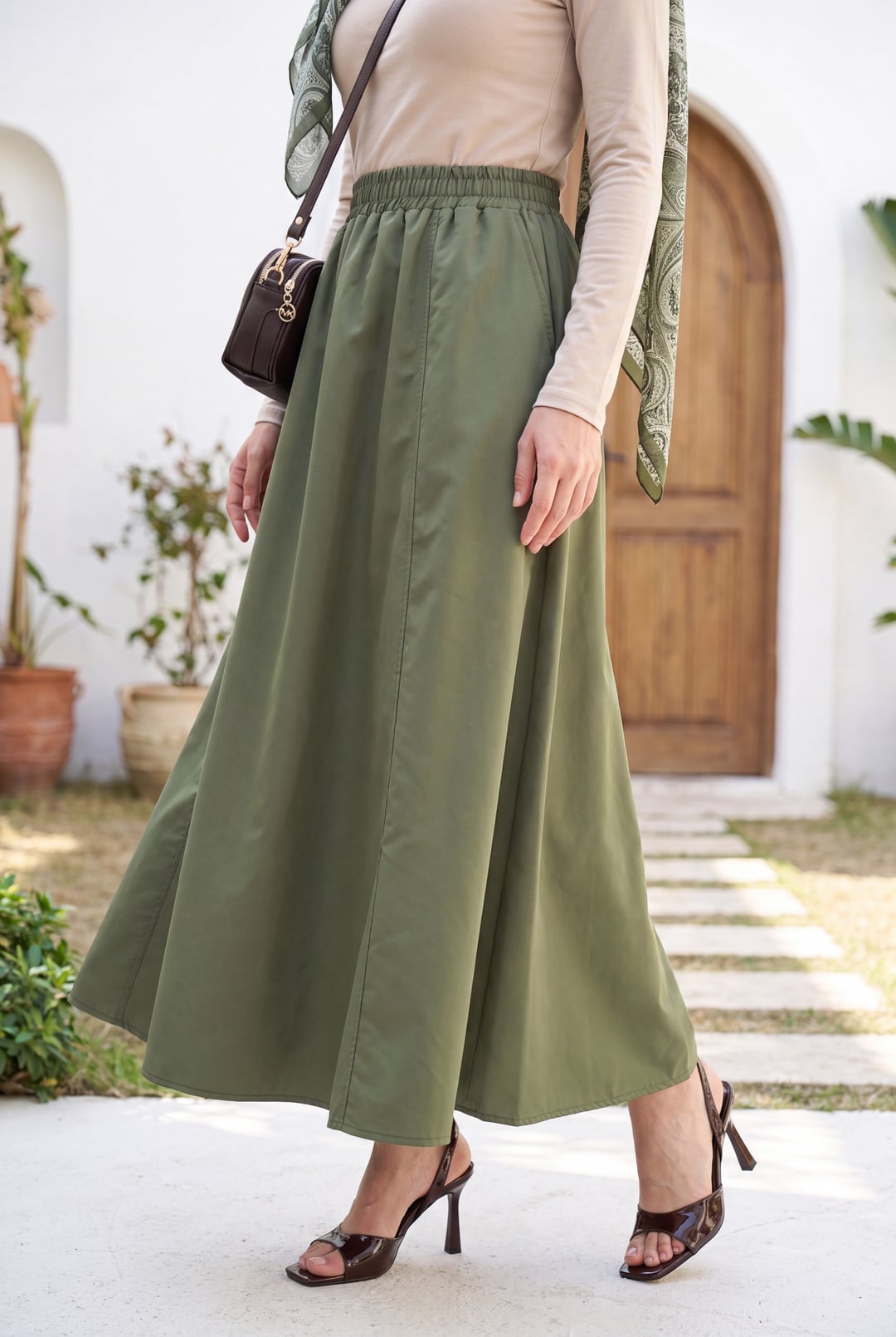 Elasticated Waist Parachute Skirt with Pockets - Olive Green - Podyumplus - by Peralane - photo 6