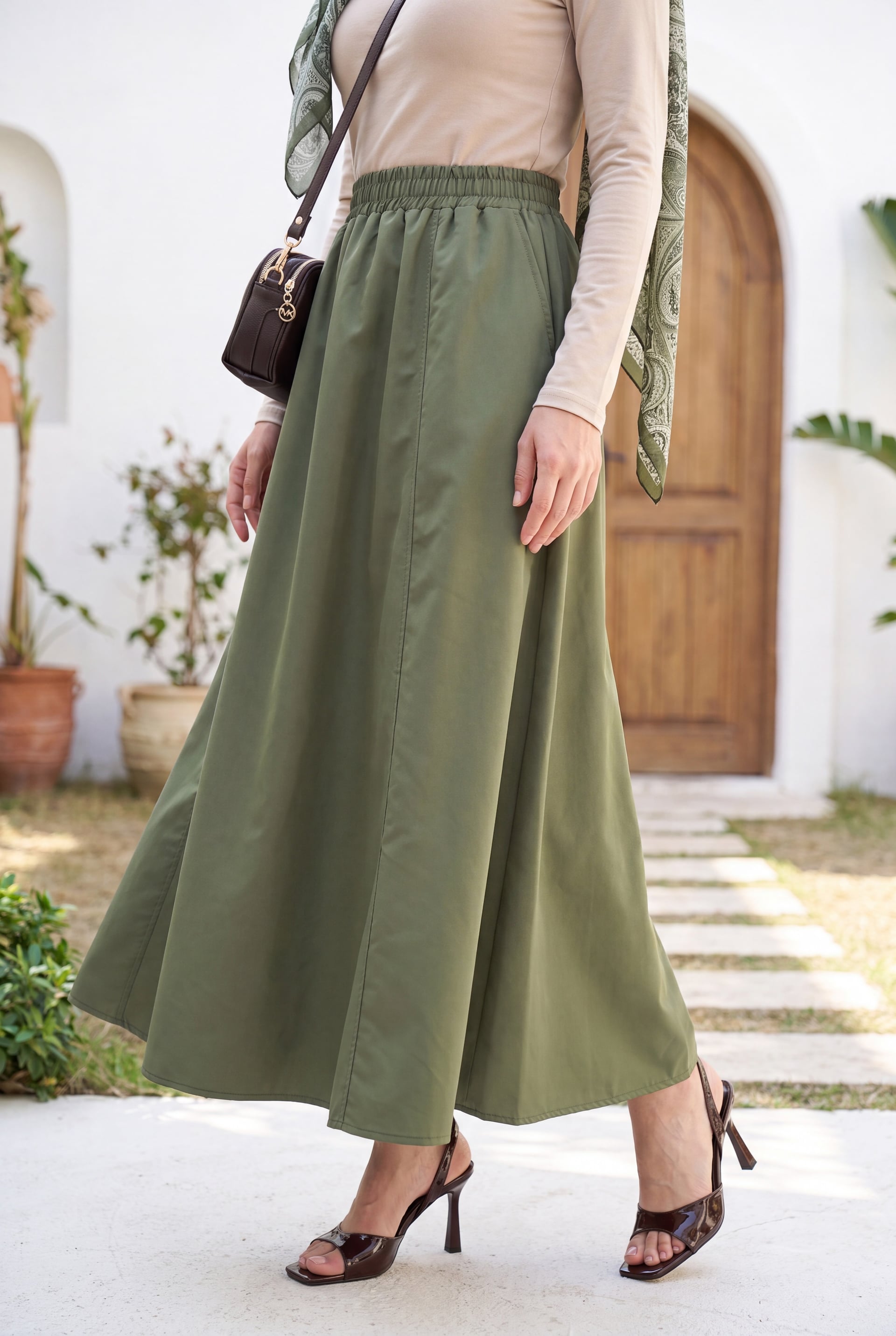 Elasticated Waist Parachute Skirt with Pockets - Olive Green - Podyumplus - by Peralane - photo 6