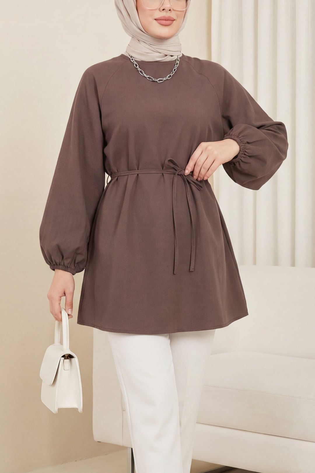 Round Neck Tie Waist Balloon Sleeve Tunic - Light Brown - Podyumplus - by Peralane - photo 4