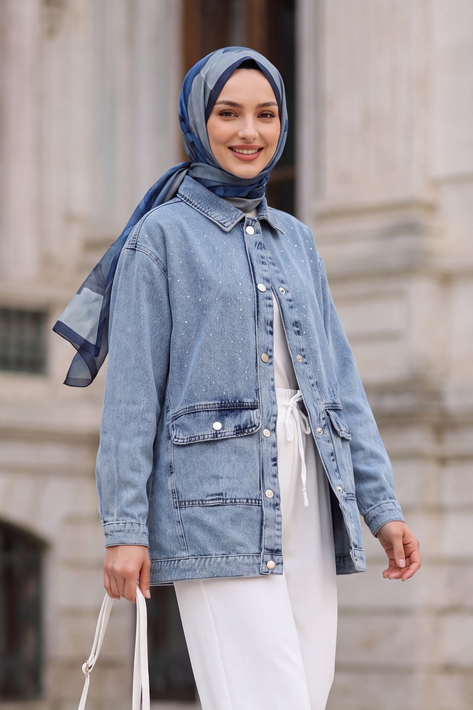 Light Blue Denim Jacket with Rhinestone Details and Flap Pockets - Podyumplus - by Peralane - photo 2