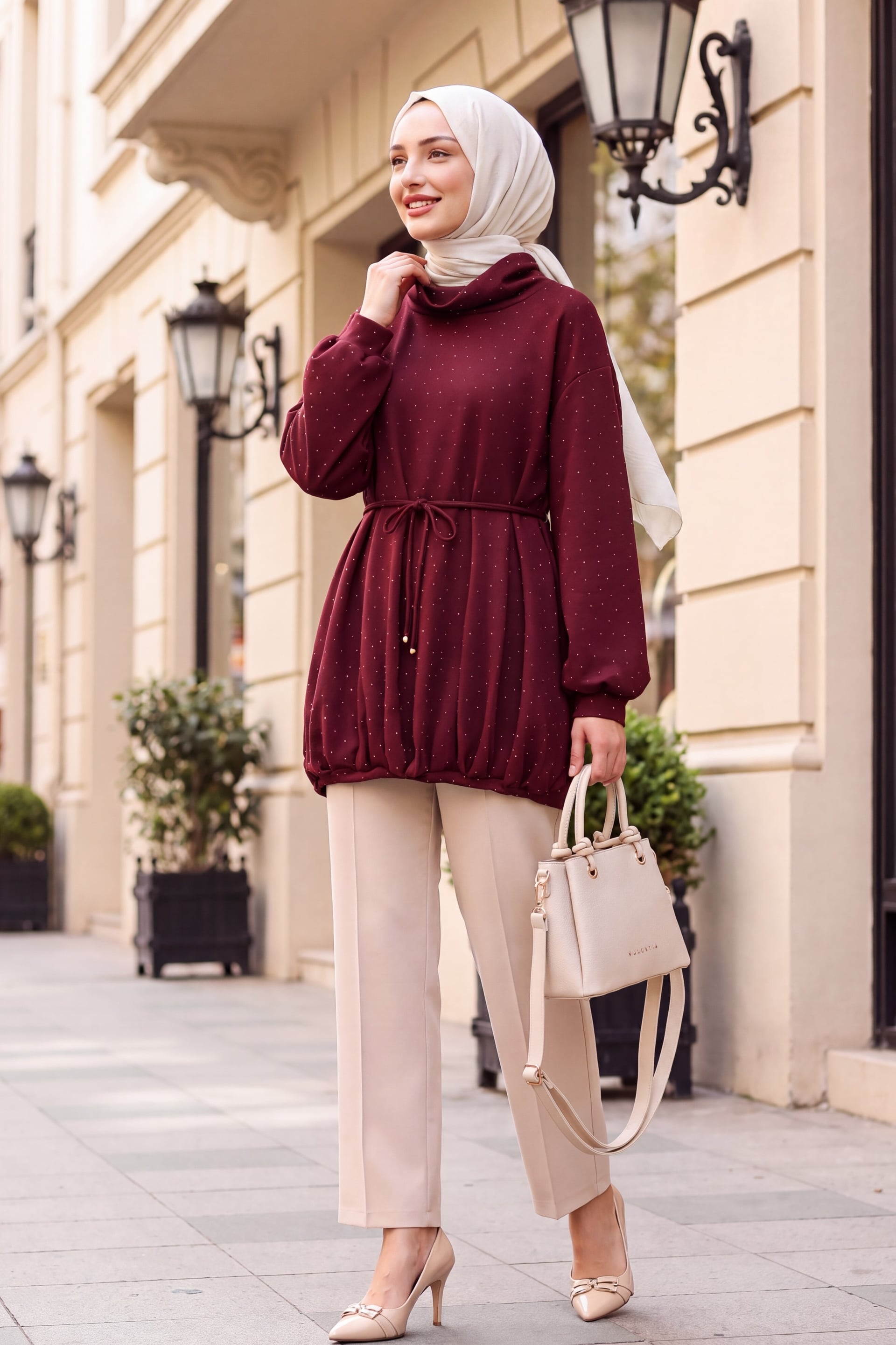 Women's Half-Turtleneck Drawstring Waist Sweatshirt with Elasticated Skirt - Deep Red - Podyumplus - by Peralane - photo 3