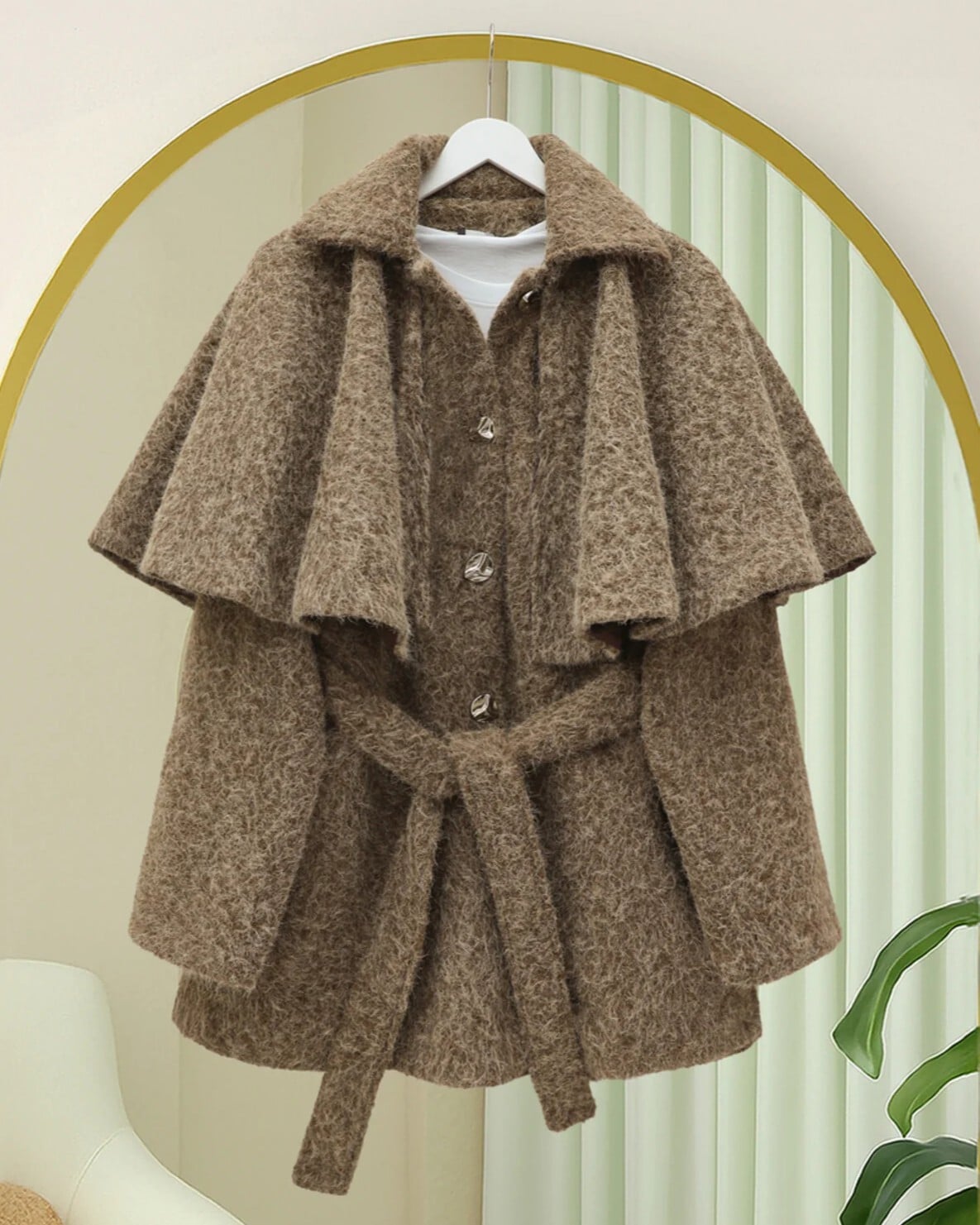 Women's Belted Cape Tweed Jacket - Light Brown - Podyumplus - by Peralane - photo 2