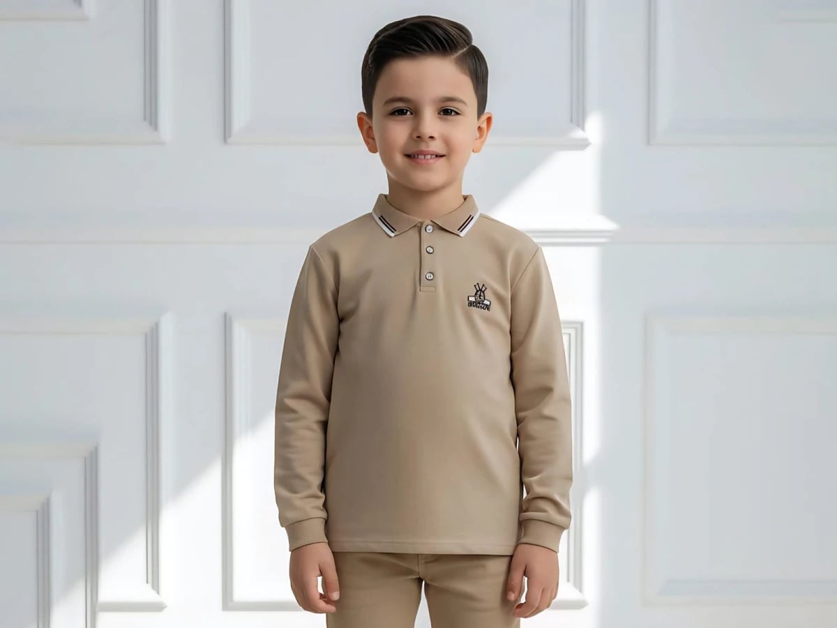 Boys' Beige Printed Collar Sweatshirt and Trousers Set - Tanem Kids - by Peralane