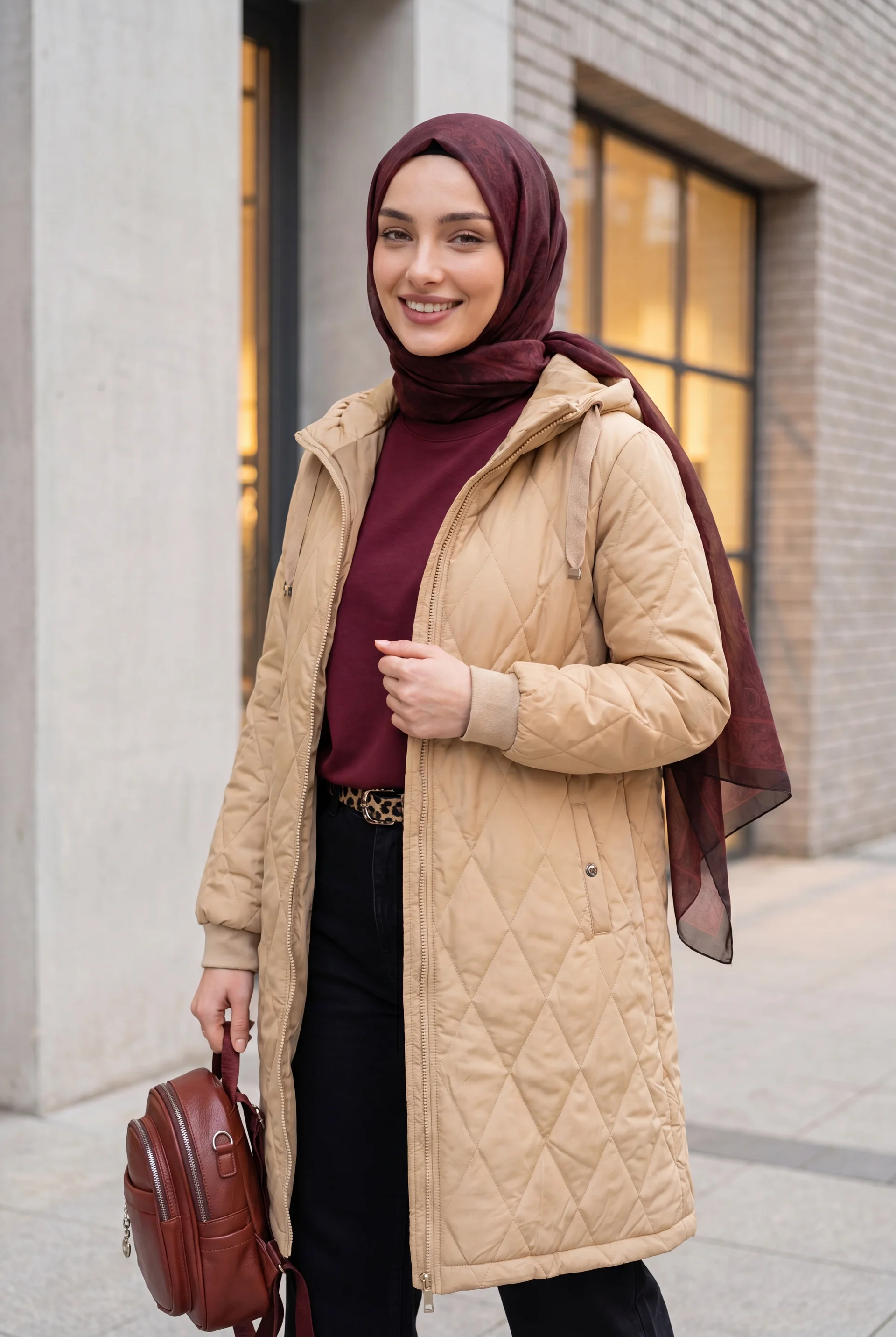 Women's Hooded Quilted Longline Jacket in Beige - Podyumplus - by Peralane - photo 4