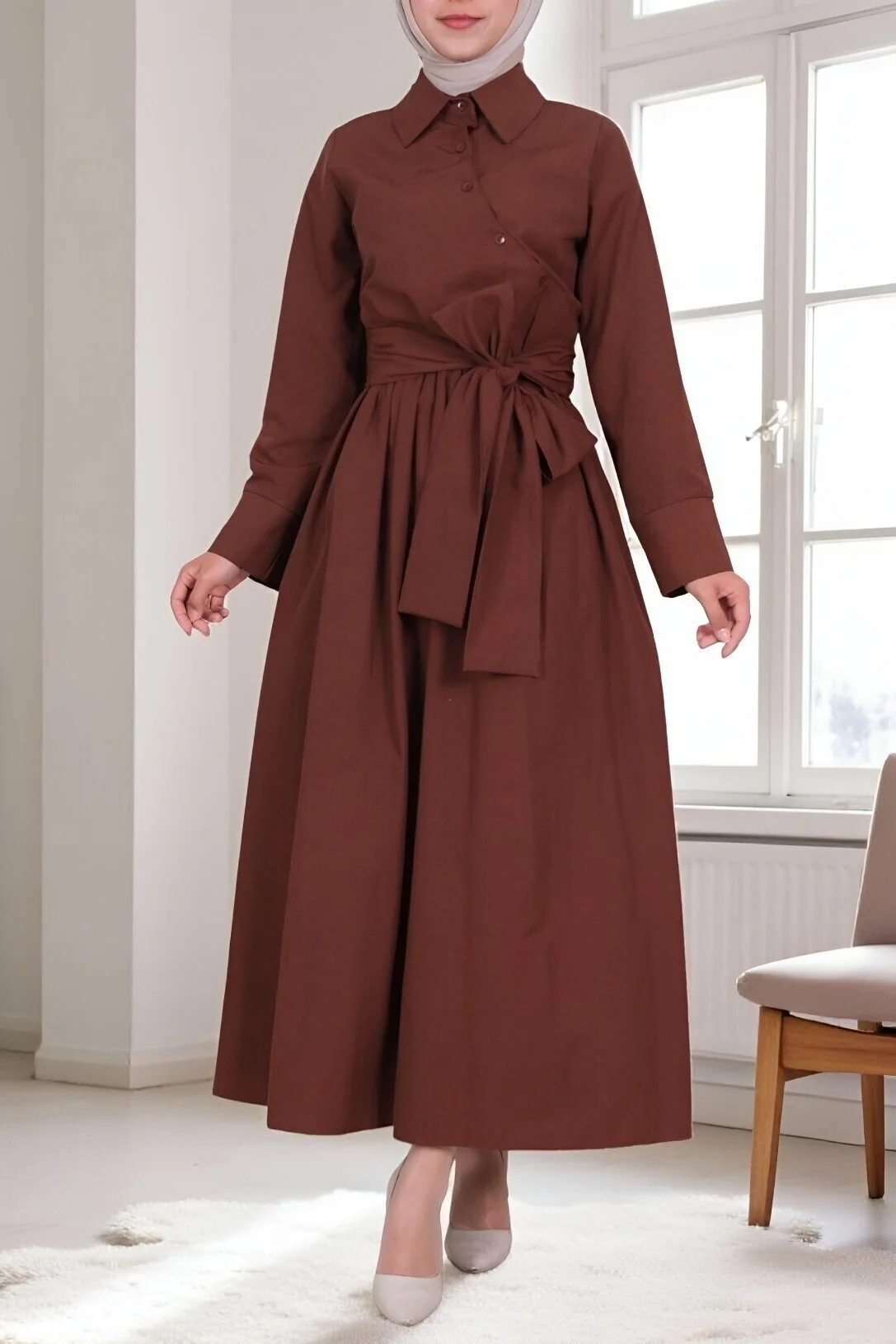 Cross-Back Button Wrap Belted Shirt Collar Dress - Brown - Podyumplus - by Peralane - photo 3