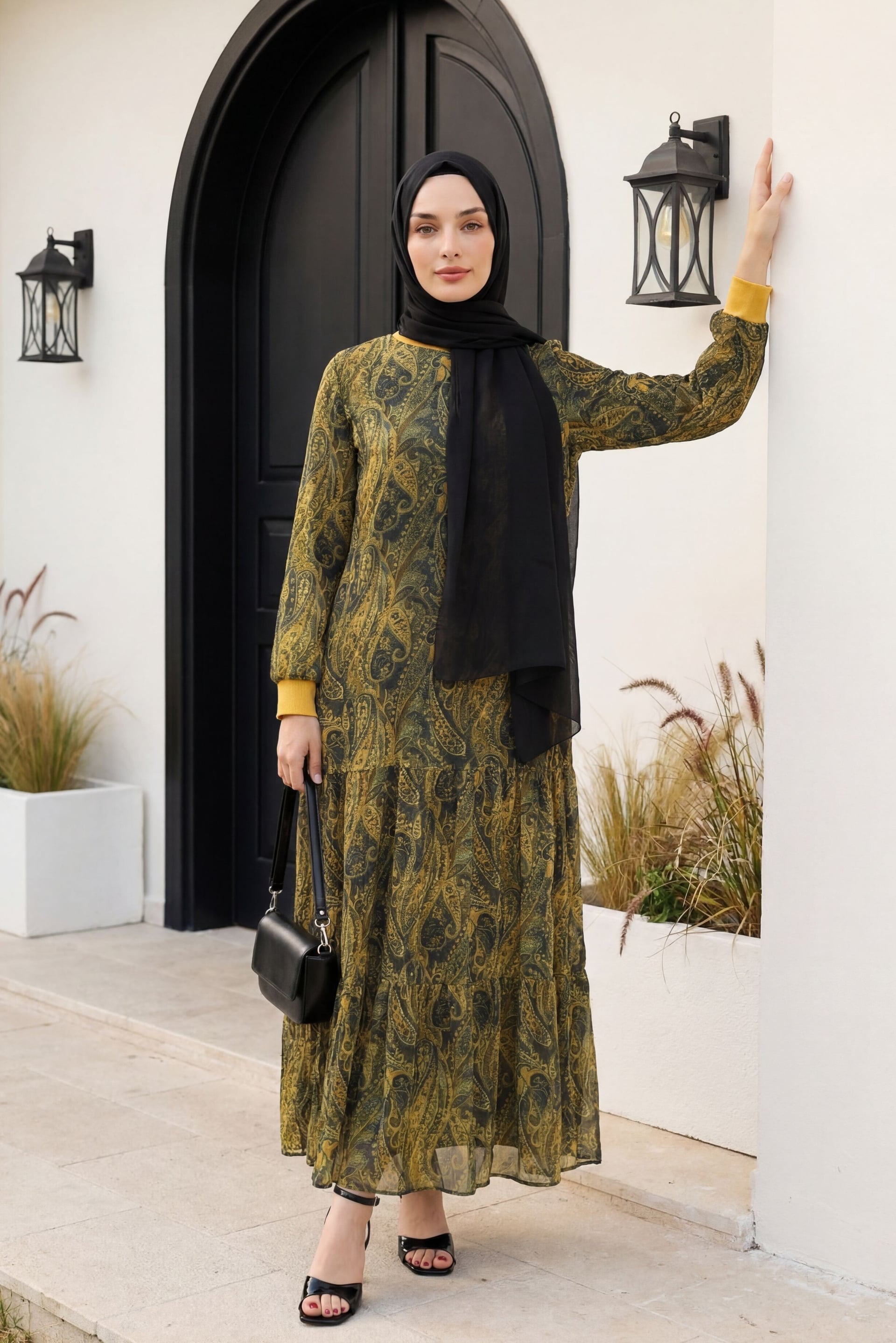 Ethnic Print Tiered Lined Chiffon Dress - Olive Green - Podyumplus - by Peralane