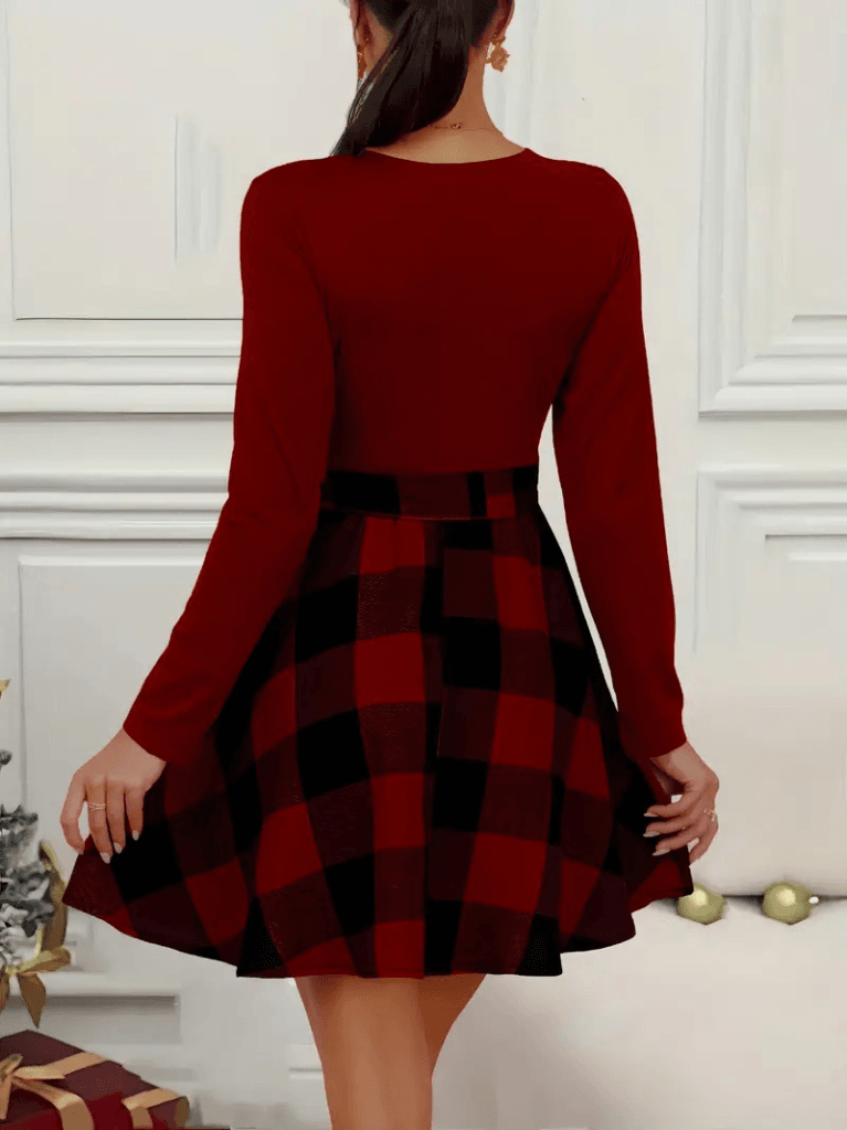 Women's Long-Sleeve Round Neck Top with Plaid Skirt Dress - Janes - by Peralane - photo 2
