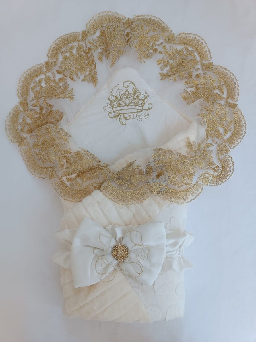 Unisex Baby Swaddle Blanket 0-18M Cream with Gold Lace Trim - Tomuycuk - by Peralane