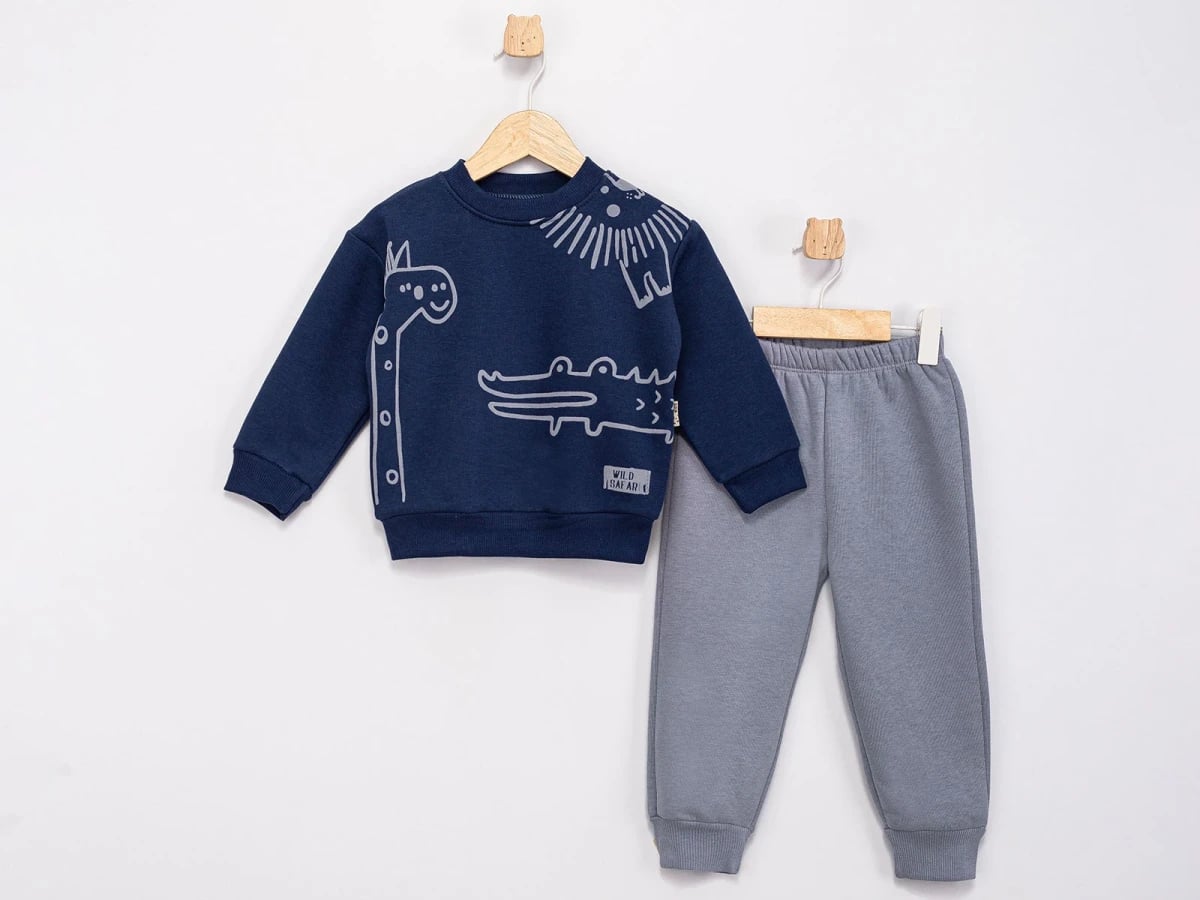 Animal Print Fleece Boys' Sweatshirt and Trousers Set - Navy - Feely Kids - by Peralane