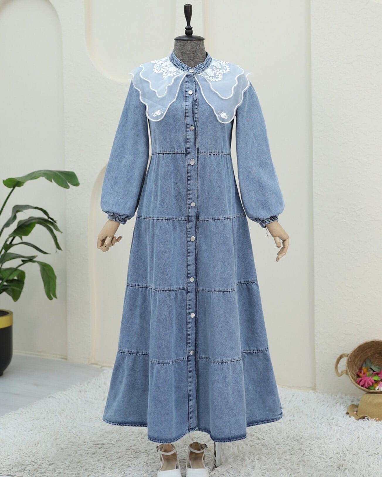 Women's Light Blue Denim Maxi Dress with Organza Collar Detail - Podyumplus - by Peralane - photo 4