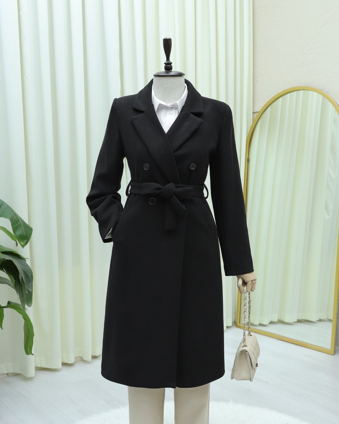 Black Double-Breasted Trench Coat with Belt and Pockets - Podyumplus - by Peralane - photo 3