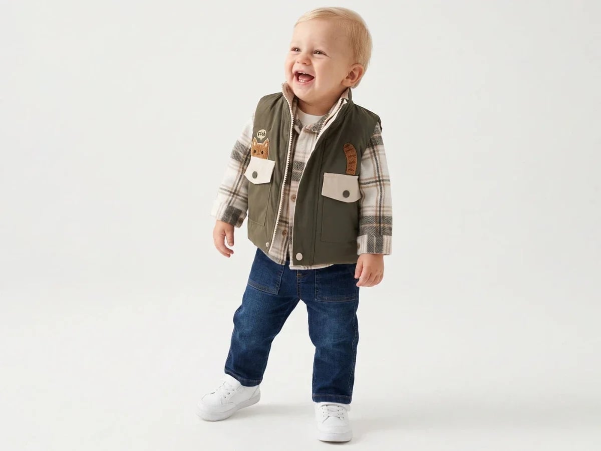 Baby Boy's 4-Piece Outfit Set with Cat Embroidered Vest in Olive Green - Canoz - by Peralane