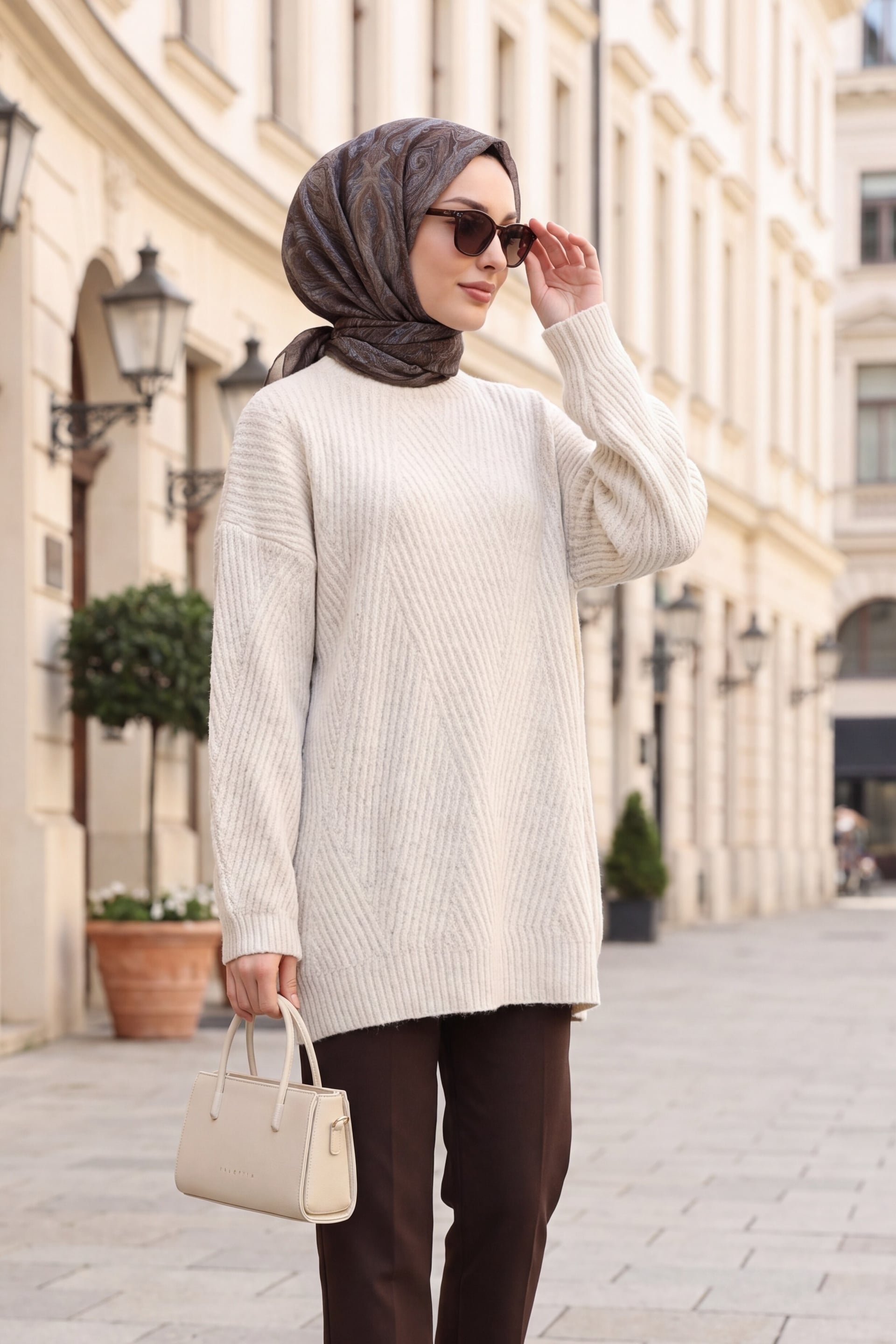 Crew Neck Patterned Oversized Knit Tunic - Stone - Podyumplus - by Peralane - photo 2