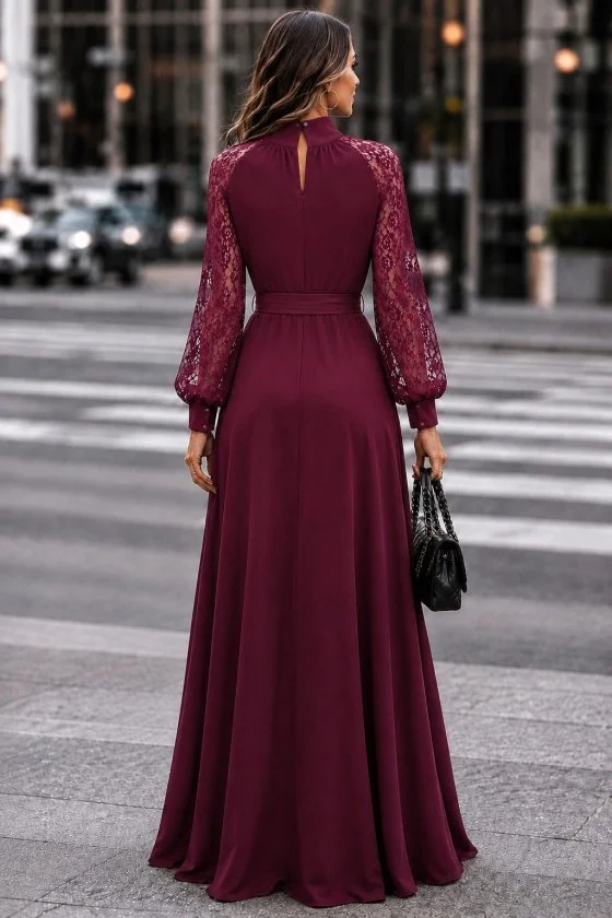 Women's Long Sleeve High Neck Keyhole Belted Side Slit Long Crepe Dress - Janes - by Peralane - photo 3