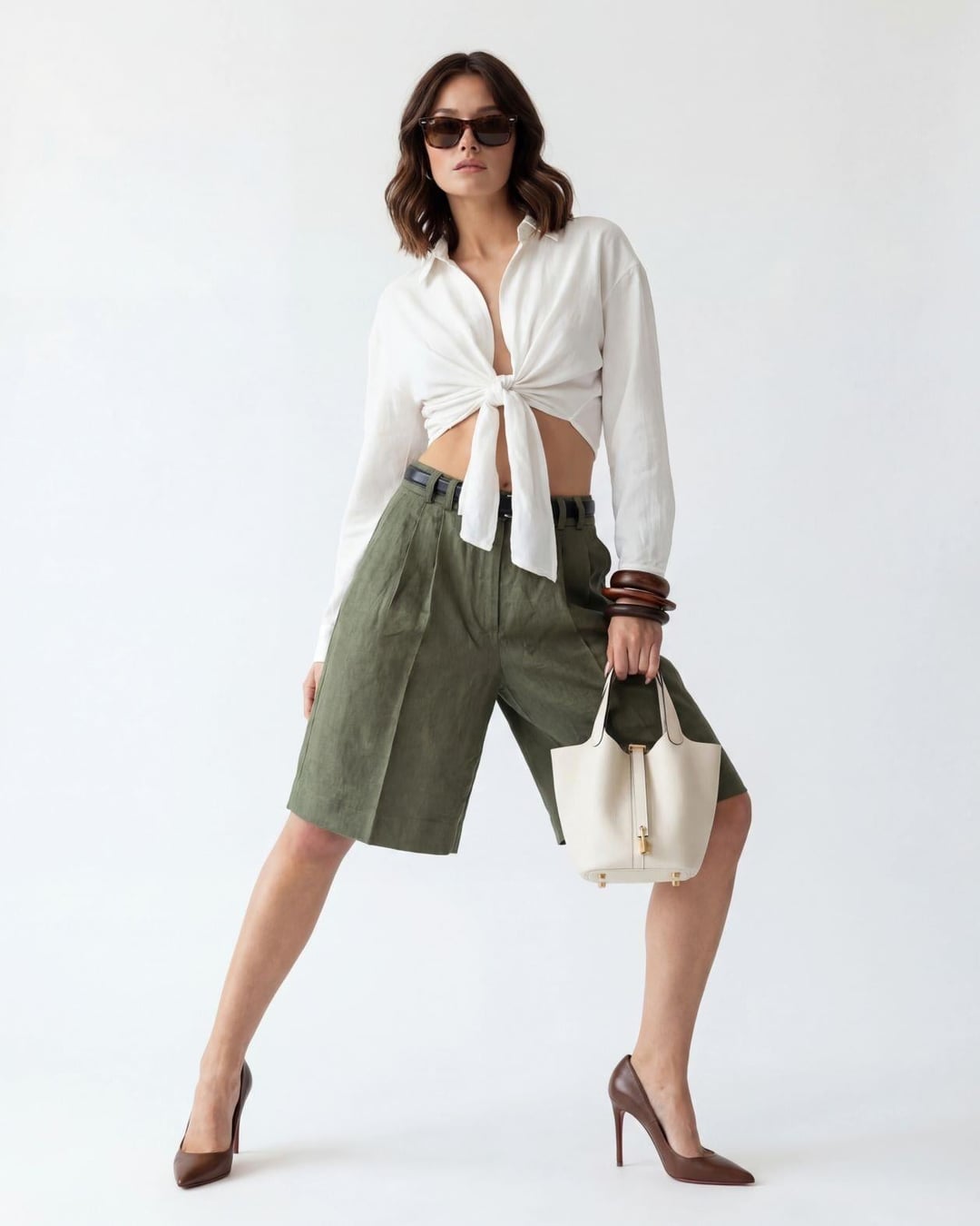 Women's High Waist Linen Bermuda Shorts in Olive Green - Fame - by Peralane