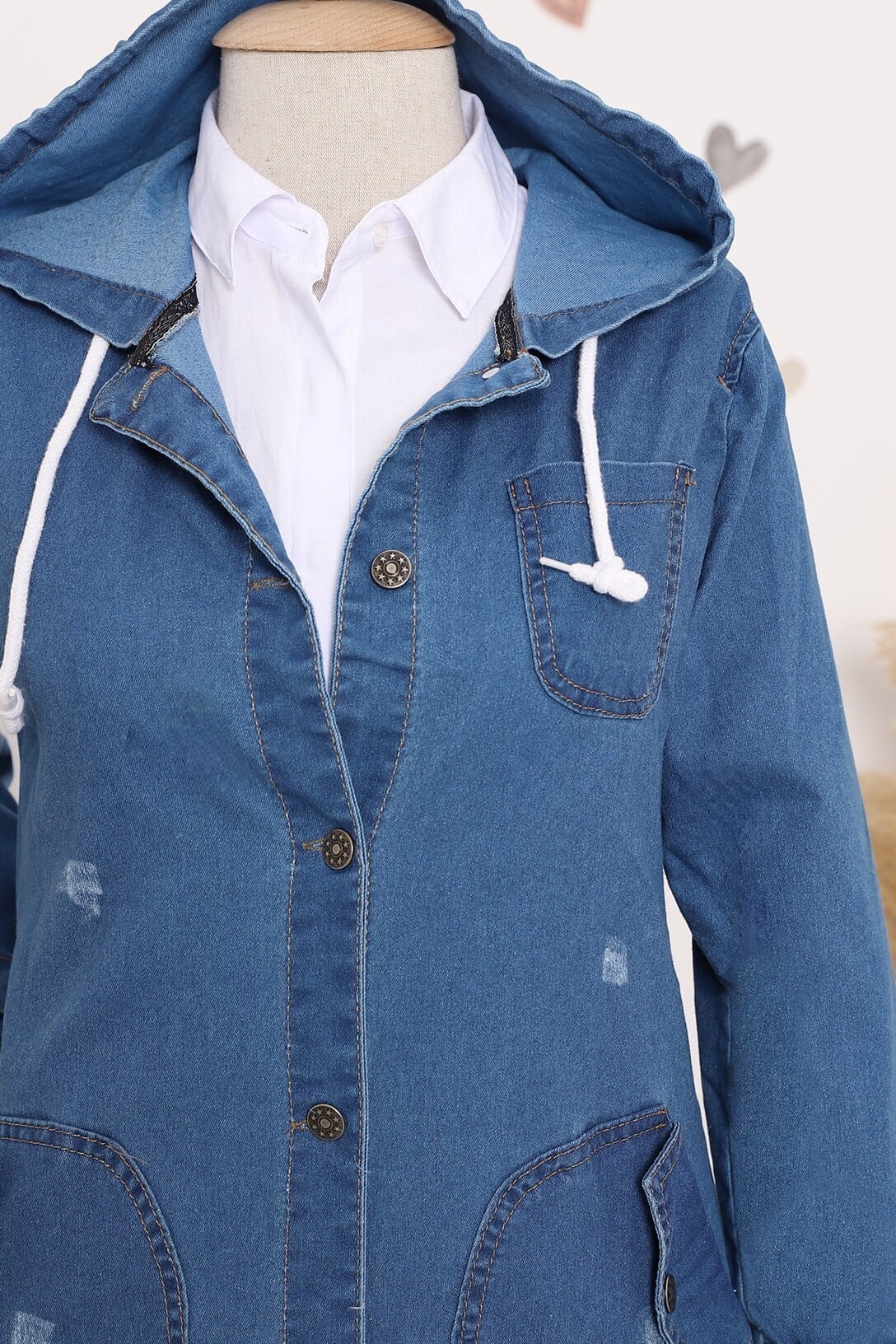 Women's Hooded Long Denim Coat in Dark Navy - Podyumplus - by Peralane - photo 5