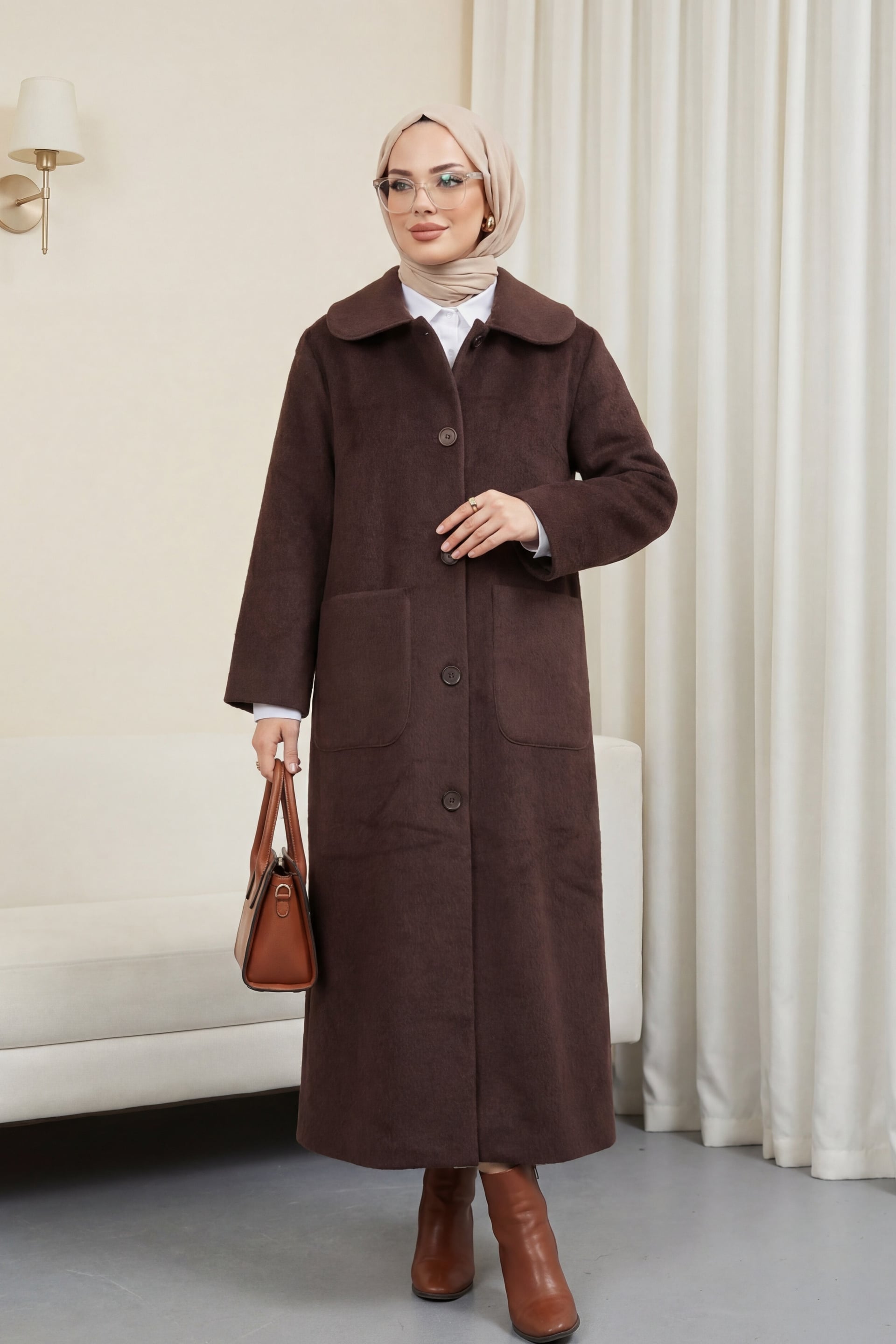 Long Button-Front Pocket Coat - Brown - Podyumplus - by Peralane