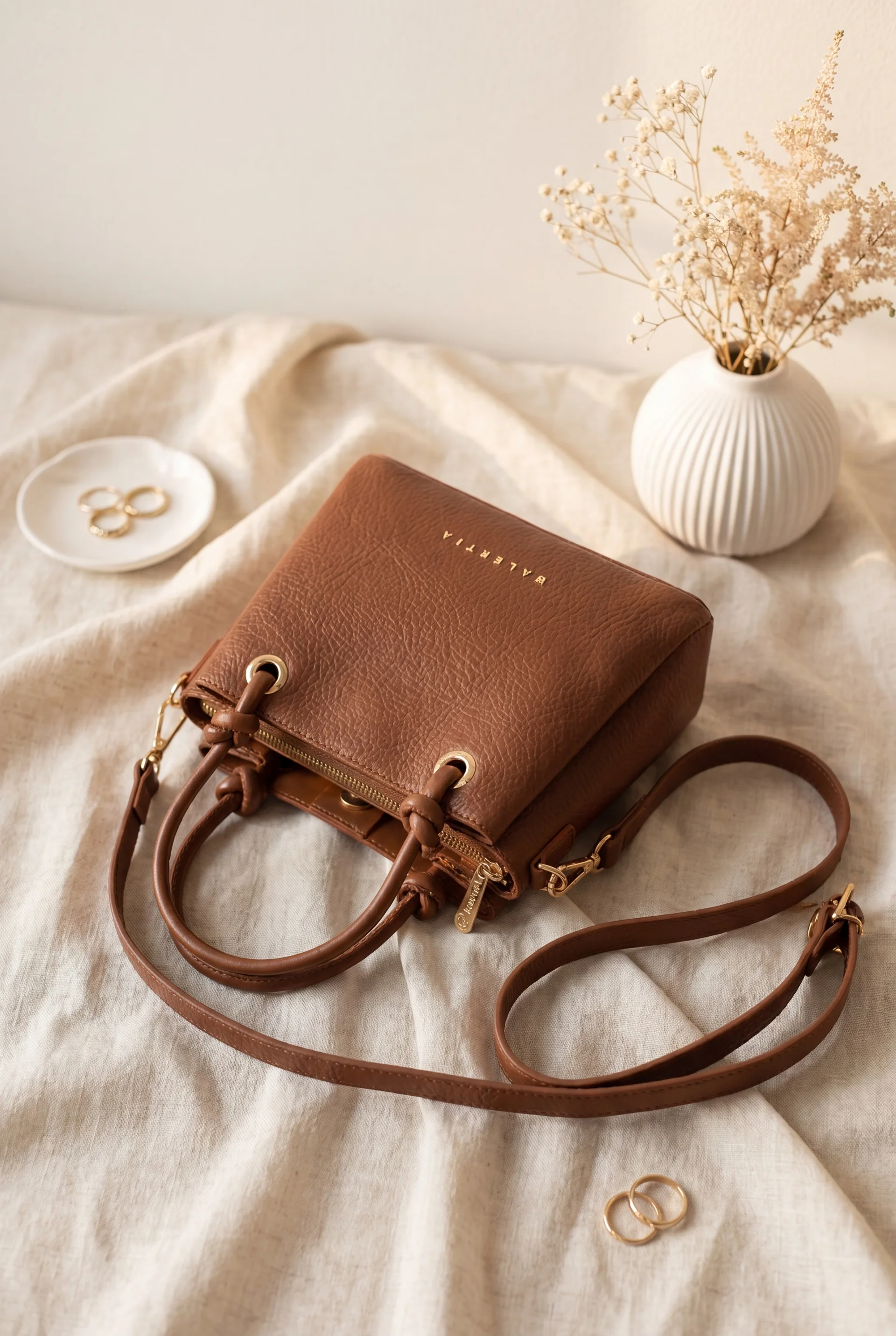 Women's Structured Pebbled Faux Leather Bag with Top Handles and Shoulder Strap - Brown - Podyumplus - by Peralane