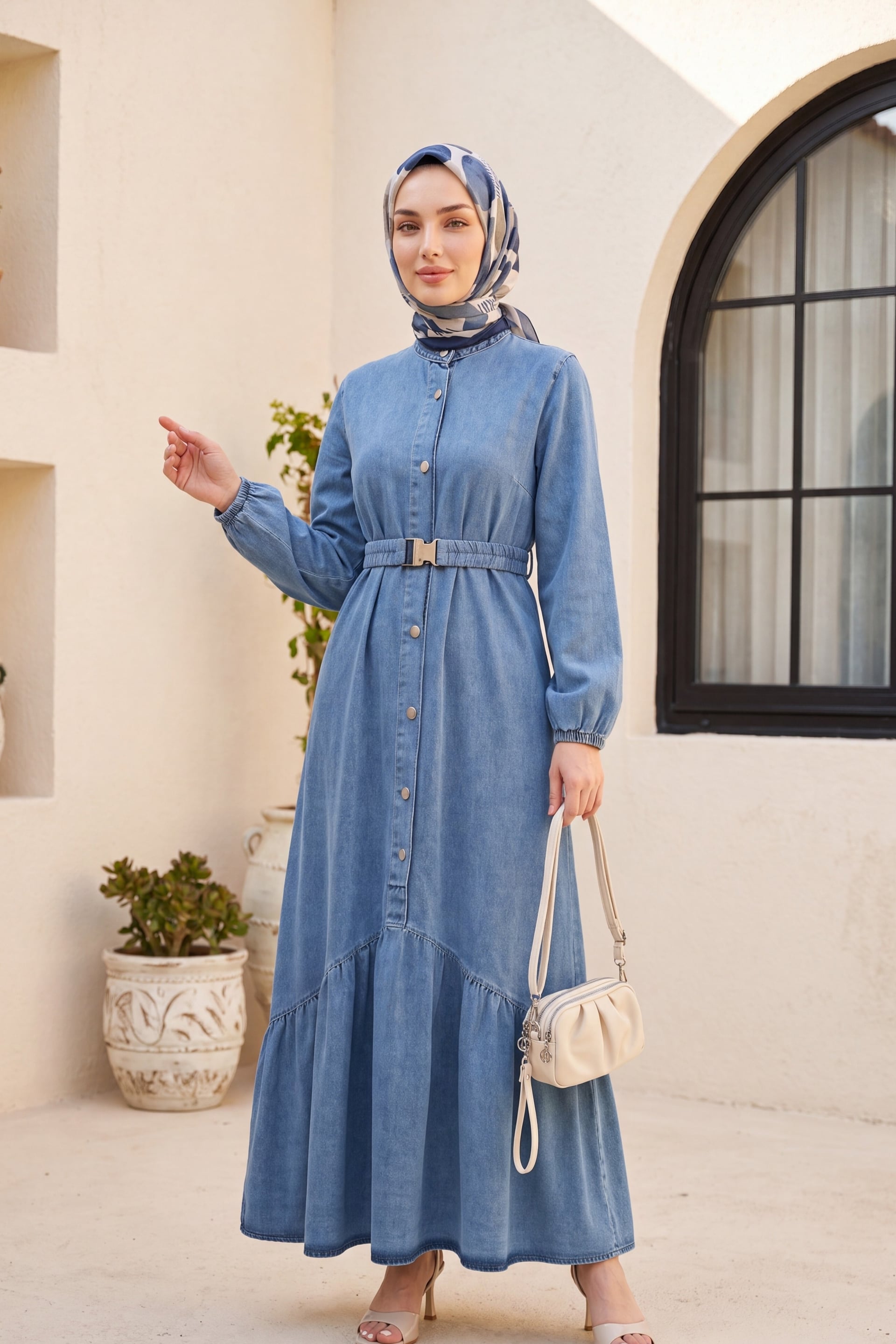 Buttoned Long Denim Dress with Elastic Belt - Ice Blue - Podyumplus - by Peralane - photo 3